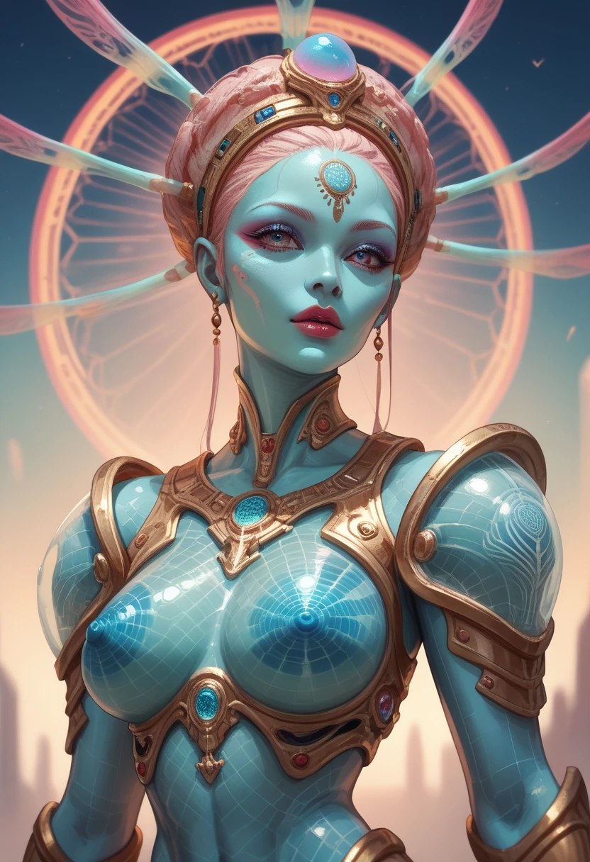 Ancient Extraterrestrial Creature, Alien Being, ((Non-Human)), Female seductive Alien, ((detail focus)), intricate colorful skin, intricate holographic armor
