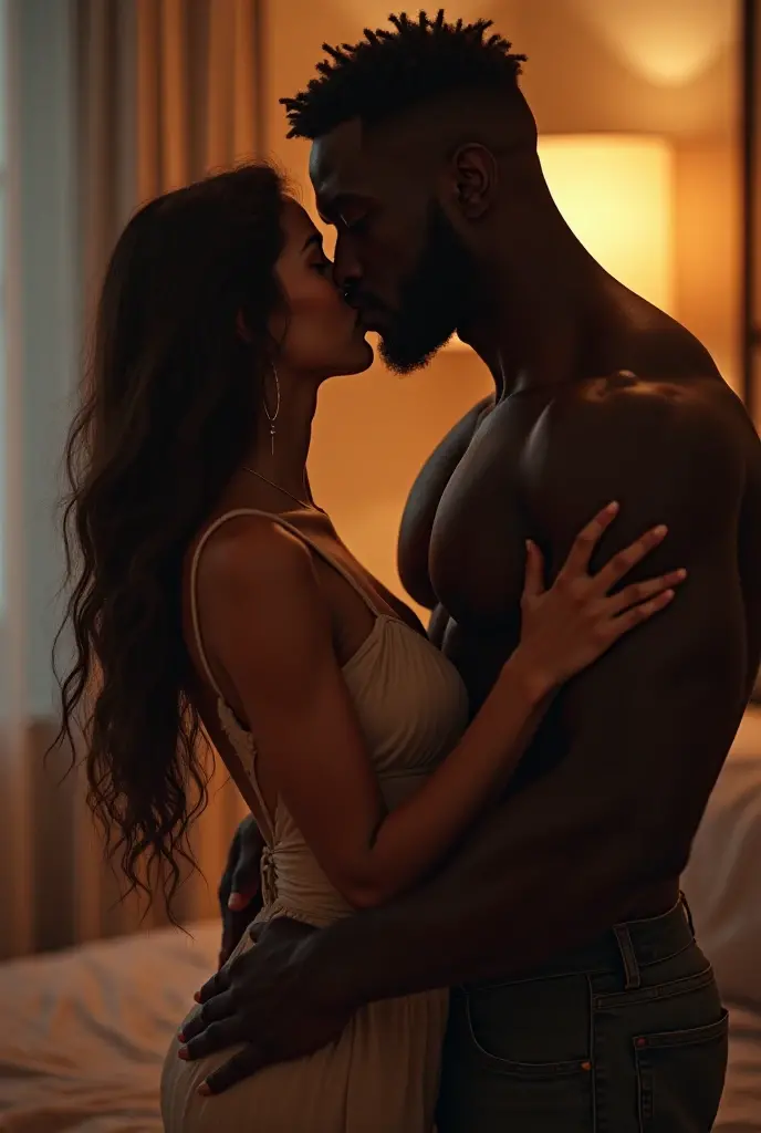 •	(A stunning Indian woman with an (insanely perfect face and body) pressed against the crotch of a massive black man whose face is cropped out of the photo). (She is positioned on her knees, her arms wrapped tightly around his waist, and her head buried deeply in his crotch). Her long, dark hair cascades down around them, obscuring their lower bodies. The black man is standing upright, his hands gripping the back of a chair or a countertop for support. (His enormous, muscular thighs are spread wide, revealing his massive erection that is wedged snugly between the woman's lips). The room is dimly lit, casting a warm, sensual glow over their entwined bodies. (The woman's porcelain-white skin glistens with sweat), her lips and tongue working diligently to pleasure her husband, whose face is hidden from view. Despite the cropped nature of the photo, it is clear that this is a passionate and intimate moment shared between the couple.