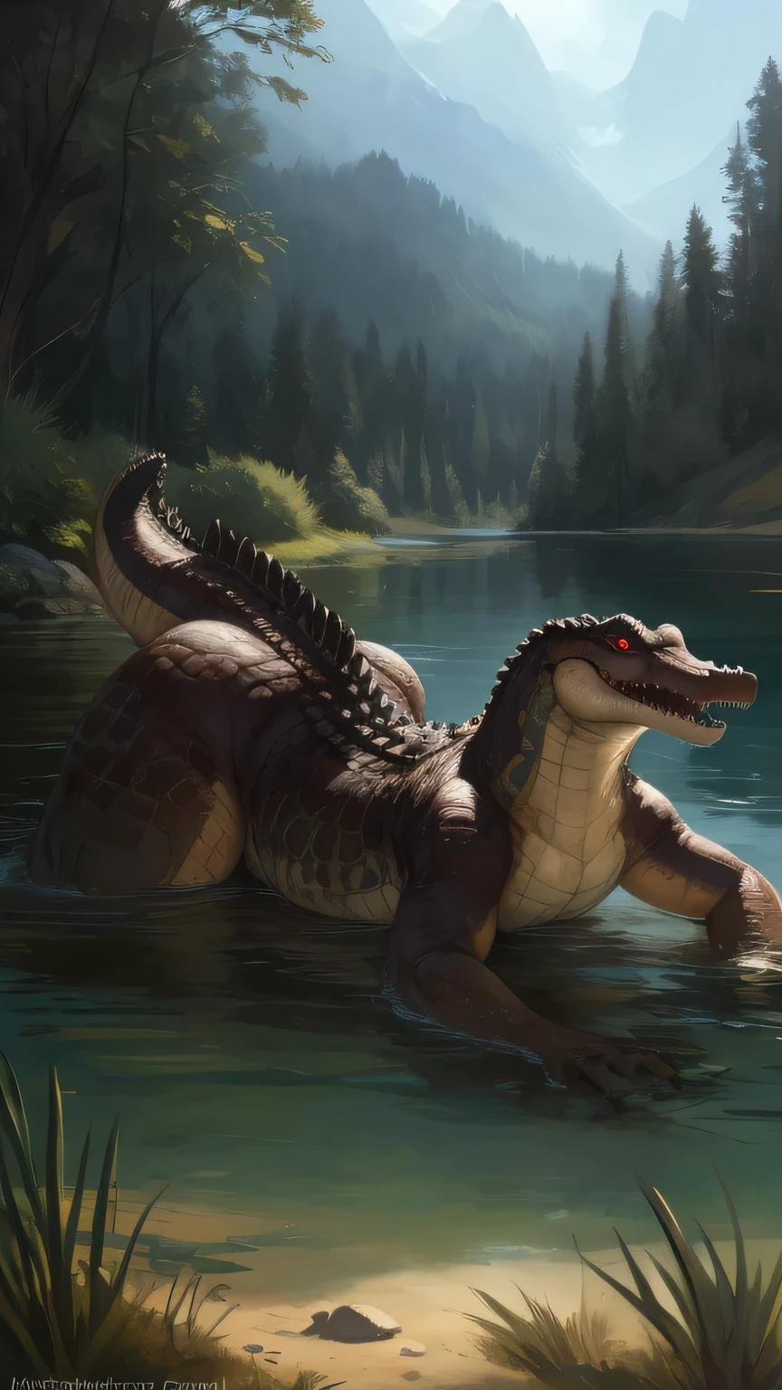 male, crocodile, (by taran fiddler), solo, masterpiece, best art, detailed hands, detailed eyes, detailed torso, orgasm expression, night, muscular, concept art, all fours, genital slit, crocodile penis, tapered penis, cum, thick tail, large penis knot, wet, dripping water