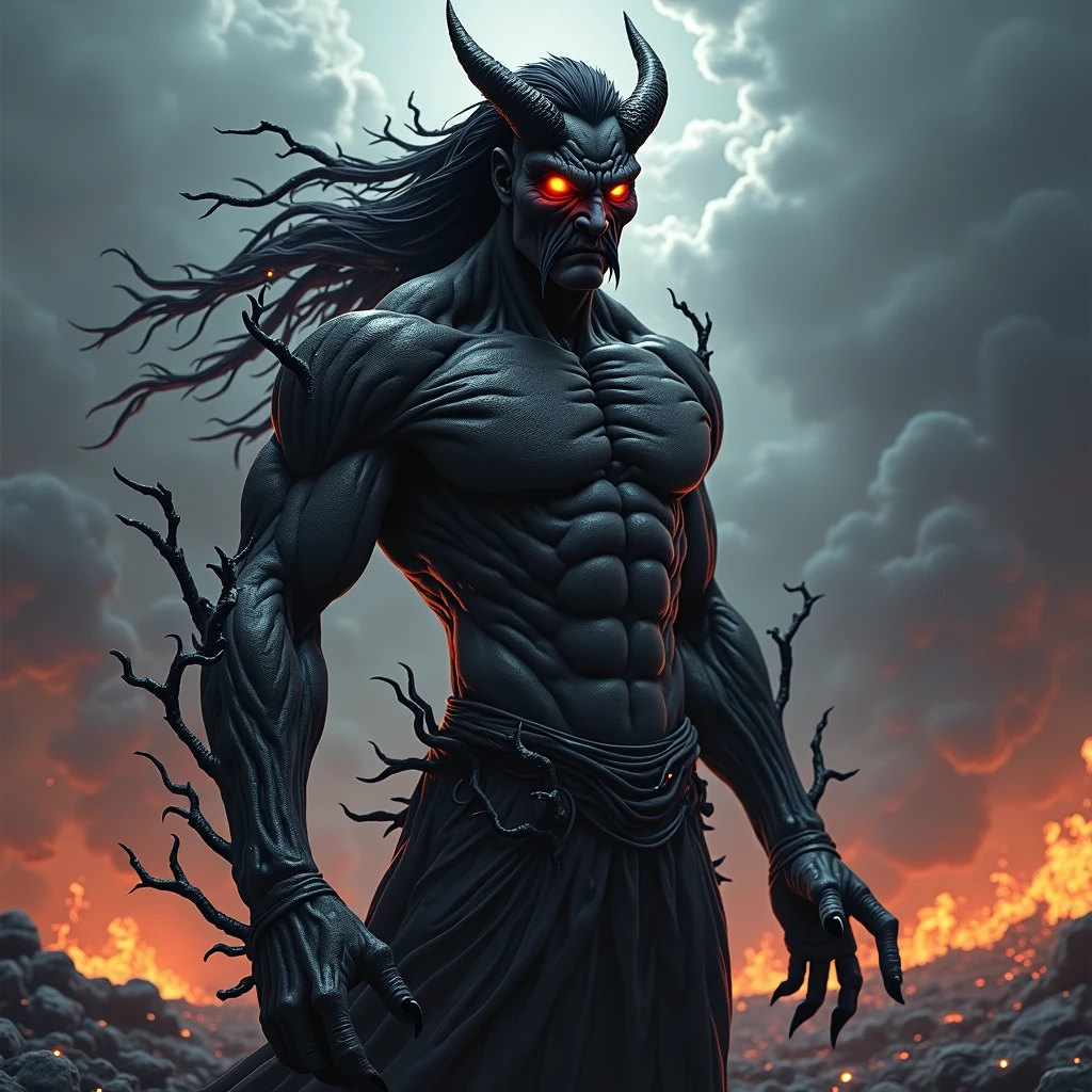 Devil in Hell with an army of demons surrounding a hyper realistic fire three points perspective dynamic shot