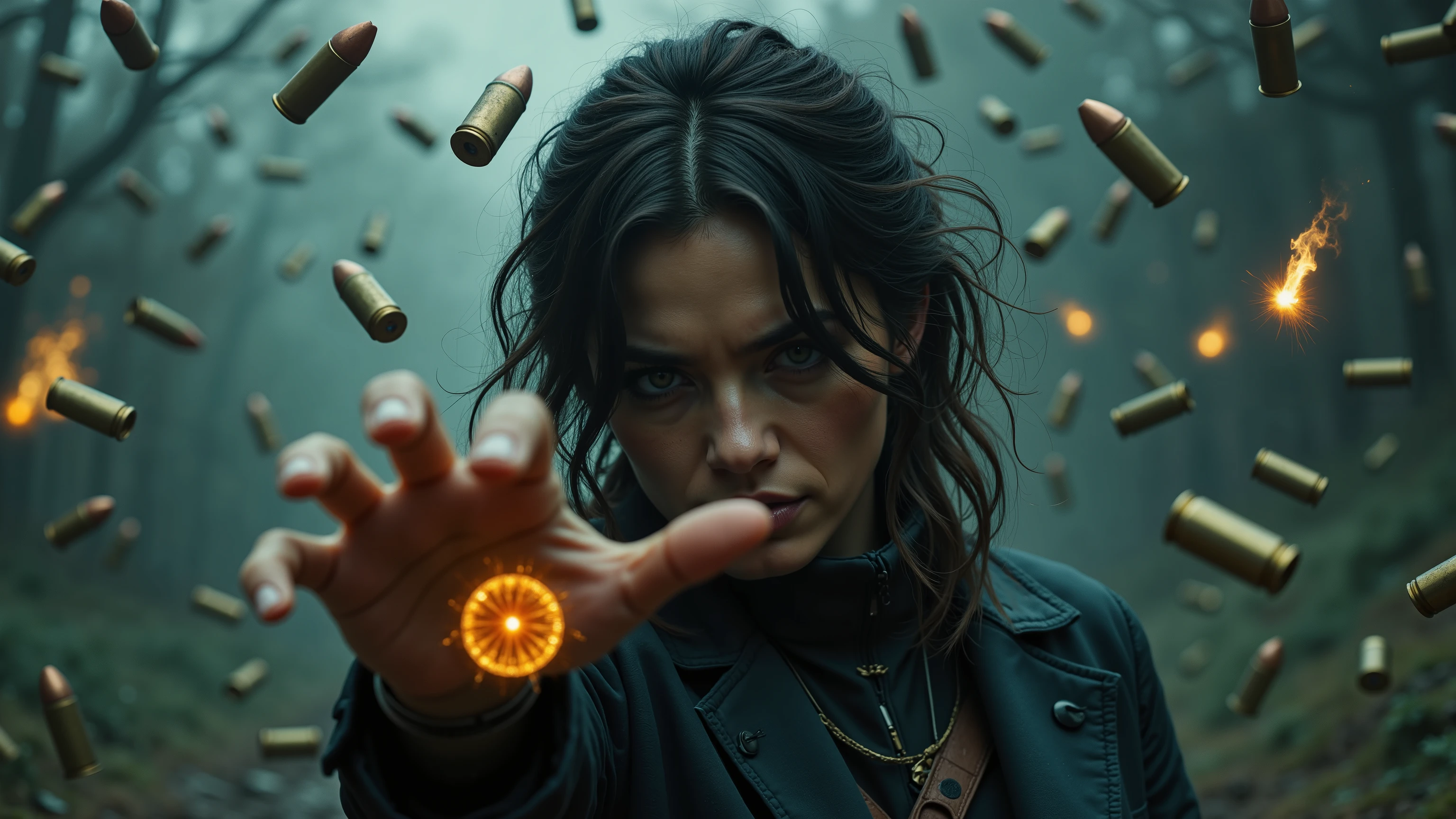 (masterpiece:1.2), (best quality:1.2), (ultra detailed:1.1), cinematic shot, dramatic lighting, 1man, bullet time effect, freeze frame moment, Of countless bullets1Grab one, A world of slow motion