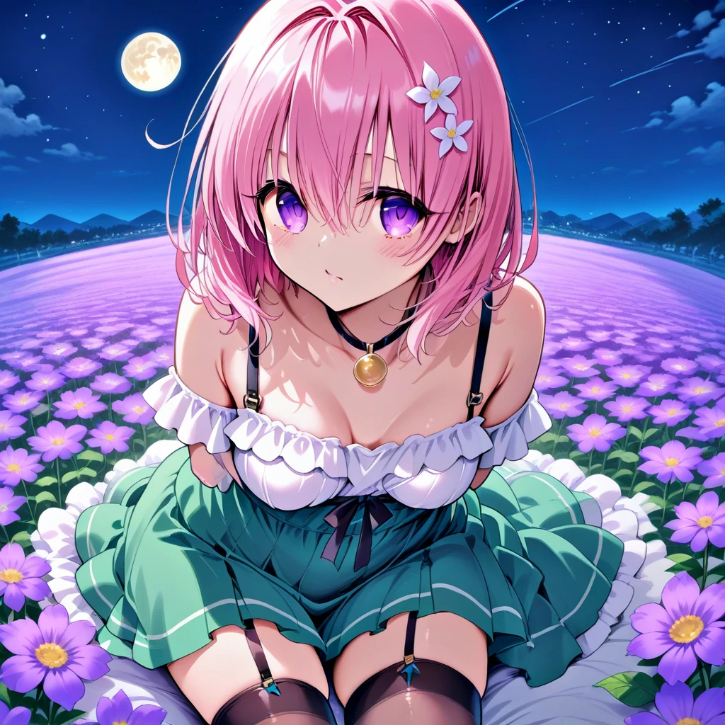 show off your pussy, skirt lift, vagina, pink cat, labia minora, anime, 1 girl, blue eyes, 15 years old, cute face, baby face, long hair, Pretty dresses, 4K, high definition ultra, pink hair, small smile, topless, NSFW, Night sky with river and beautiful flowers
