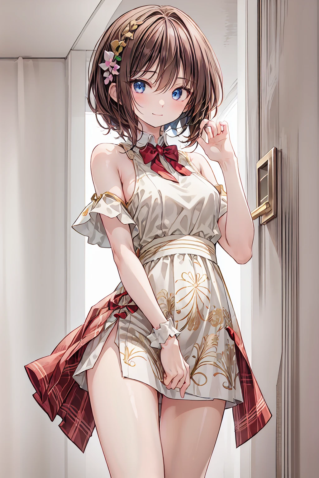 man in a very short red dress and sex with his panties showing with a volume of his penis in the panties , He's worried 
