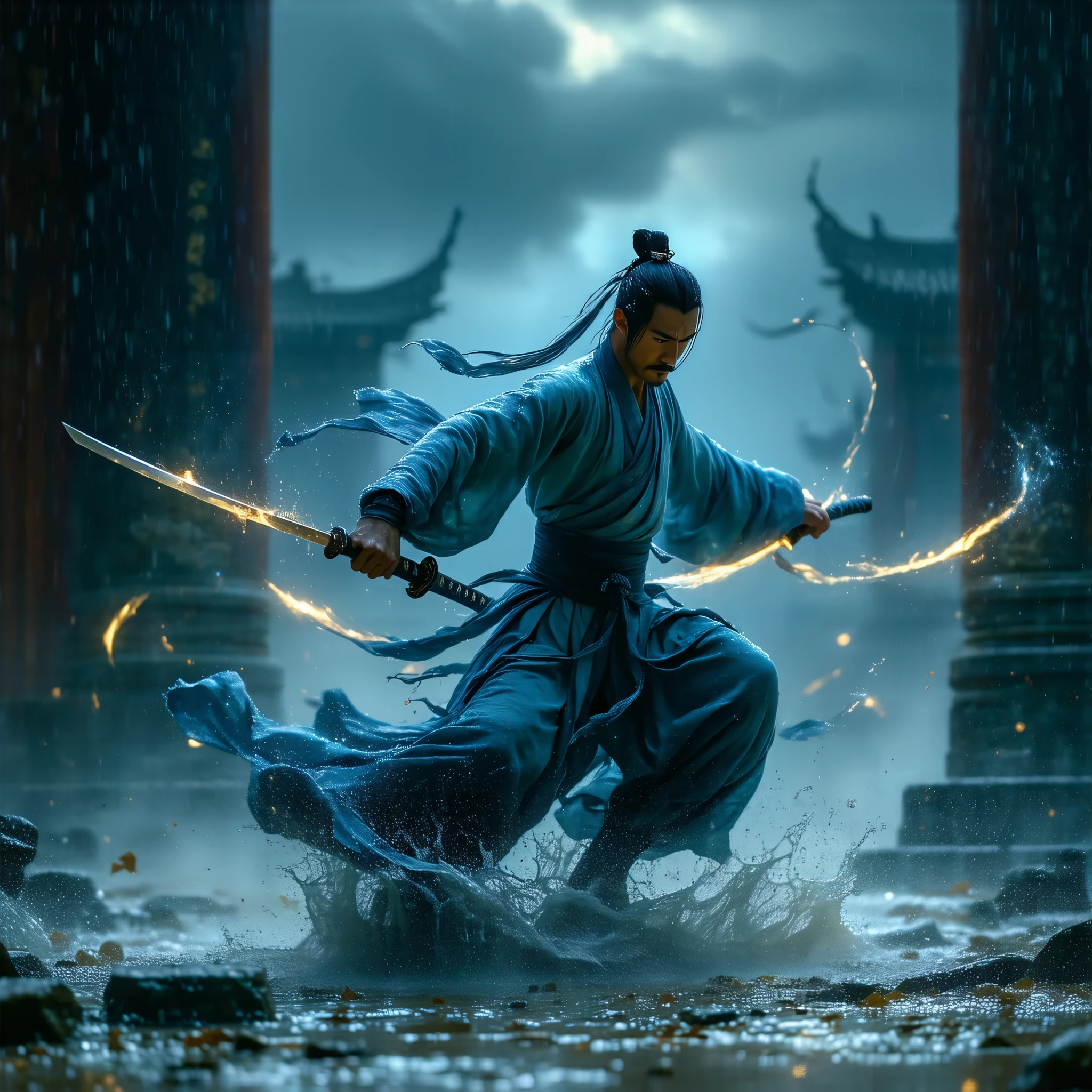Epic Chinese martial arts scene, Dynamic bullet time dodging effects,
Stoic swordsman in a tattered Hansuit jumping in the air,
Multiple glowing flying swords penetrate fabric fragments,
slow motion energy ripples around the body,
Ancient battlefields where stone columns shattered during torrential rain,
cultivator applying magic in a distant thundercloud,
movie lighting with golden time,
Ultra-fine fabric texture and water drops,
mixed martial arts style Cyberpunk neon accent,
Depth of field focuses on the swordsman's firm expression,
Dramatic perspective distortion enhances movement