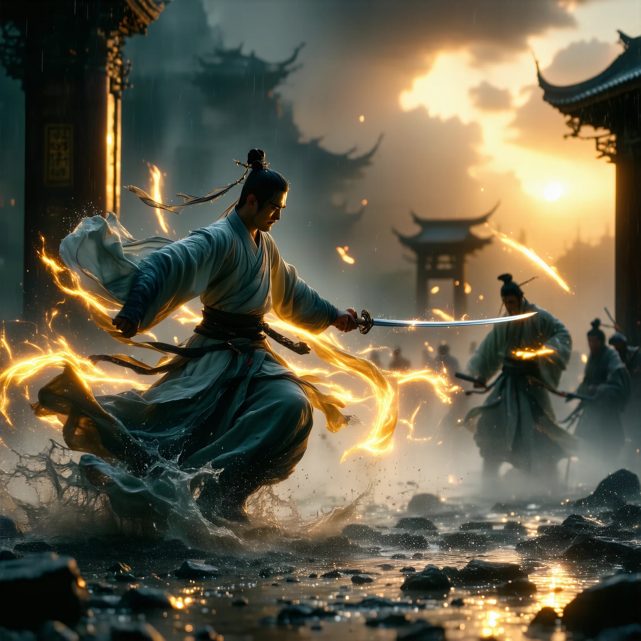 Epic Chinese martial arts scene, Dynamic bullet time dodging effects, 
Stoic swordsman in a tattered Hansuit jumping in the air, 
Multiple glowing flying swords penetrate fabric fragments, 
slow motion energy ripples around the body, 
Ancient battlefields where stone columns shattered during torrential rain, 
cultivator applying magic in a distant thundercloud, 
movie lighting with golden time, 
Ultra-fine fabric texture and water drops, 
mixed martial arts style Cyberpunk neon accent, 
Depth of field focuses on the swordsman's firm expression, 
Dramatic perspective distortion enhances movement
