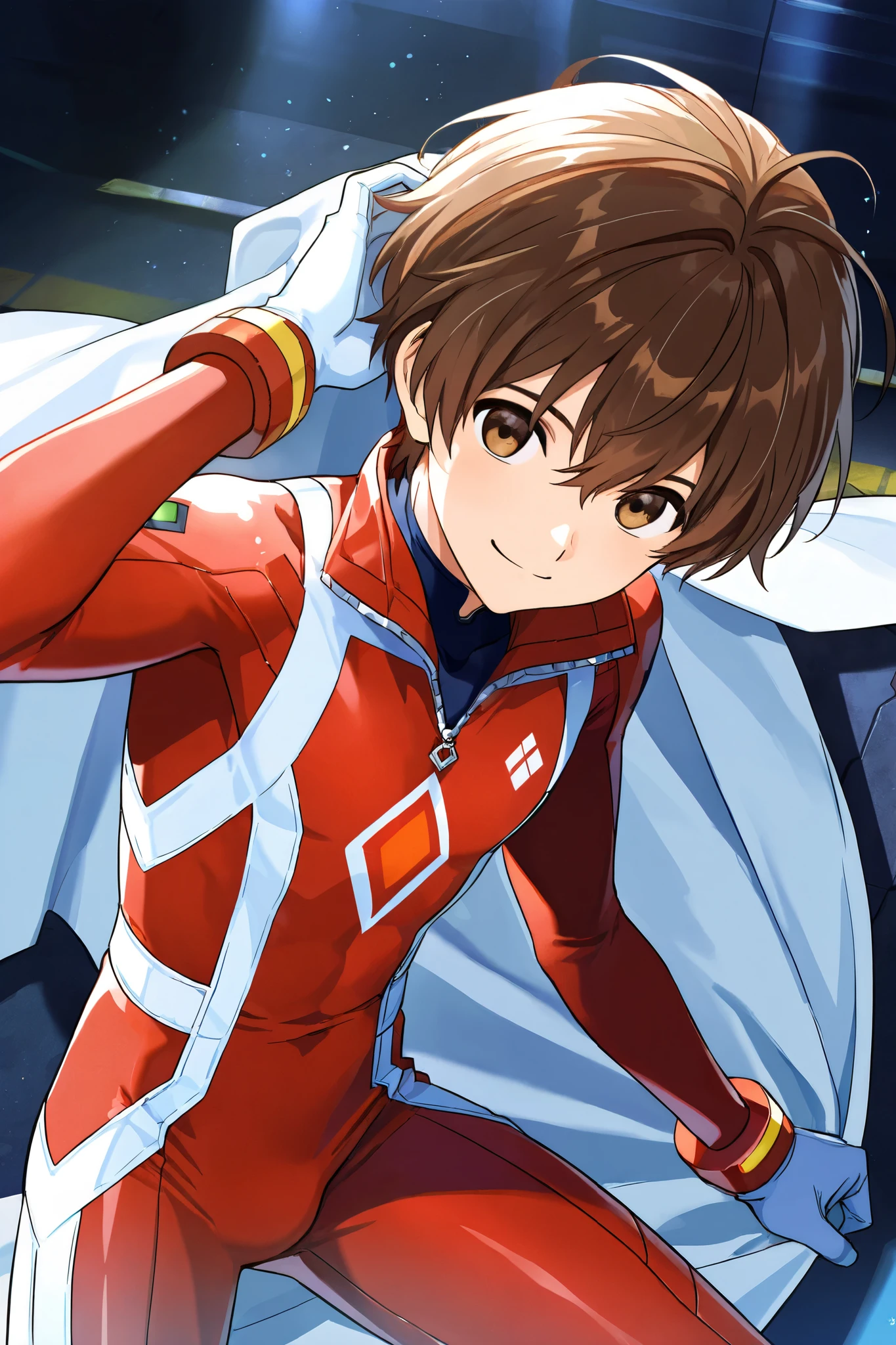 a boy, short hair,boy in a bodysuit, stands,cute, ,Brown hair,happy