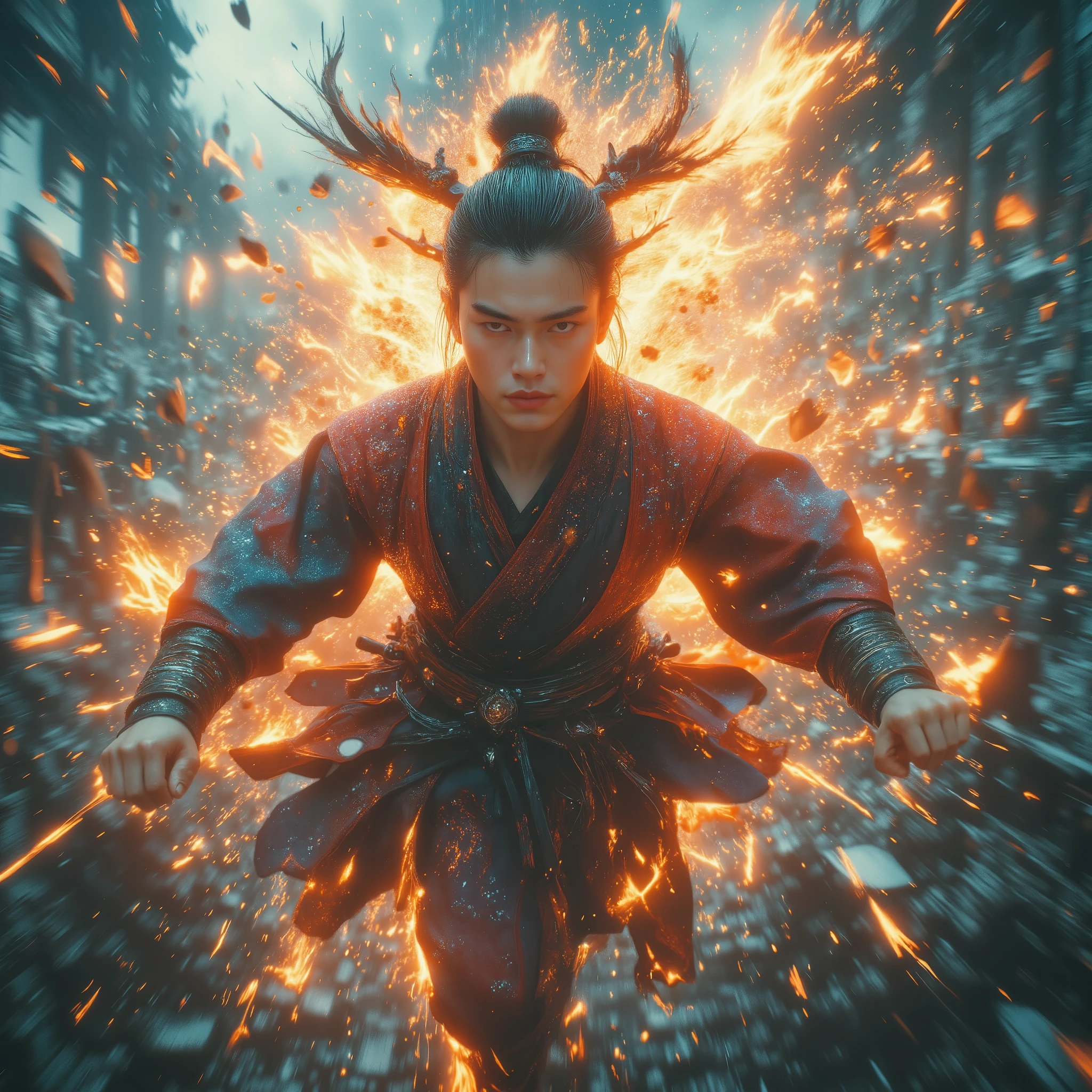 Epic Chinese martial arts scene, dynamic bullet time dodge effect,
a stoic swordsman in tattered hanfu leaping mid-air,
multiple glowing flying swords piercing through fabric fragments,
slow-motion energy ripples around body,
ancient battlefield with shattered stone pillars in rainstorm,
cultivator casting spells in distant thunderclouds,
cinematic lighting with golden hour glow,
ultra-detailed fabric texture and water droplets,
wuxia ink painting style mixed with cyberpunk neon accents,
depth of field focusing on swordsman's determined expression,
dramatic perspective distortion enhancing movement
