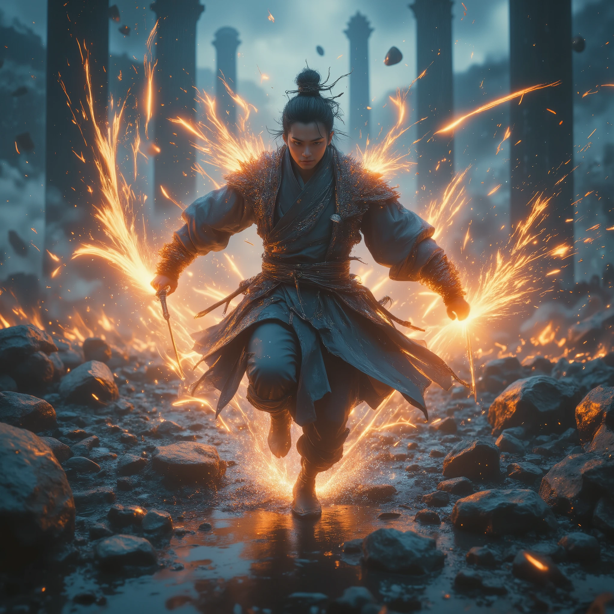 Epic Chinese martial arts scene, dynamic bullet time dodge effect,
a stoic swordsman in tattered hanfu leaping mid-air,
multiple glowing flying swords piercing through fabric fragments,
slow-motion energy ripples around body,
ancient battlefield with shattered stone pillars in rainstorm,
cultivator casting spells in distant thunderclouds,
cinematic lighting with golden hour glow,
ultra-detailed fabric texture and water droplets,
wuxia ink painting style mixed with cyberpunk neon accents,
depth of field focusing on swordsman's determined expression,
dramatic perspective distortion enhancing movement