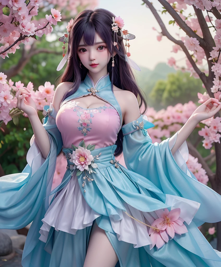 (8k, RAW photo:1.2), best quality, ultra high res,dramatic angle,(fluttered detailed color splashs), (illustration),(((1 girl))),(long hair),(rain:0.9), (Headdress:1.4),There is an ancient palace beside the girl,Hanfu,(Key Points),Color ink painting,(Splash of Color),Splash of Color,(((colorful))),(sketch:0.8) , Masterpiece, best quality, beautiful painted, highly detailed,(denoising:0.6),[splash ink],((ink refraction)), (beautiful detailed sky),moon,highly,detaild,(masterpiece, best quality, extremely detailed） CG Unity 8k Wallpaper，masterpiece，best quality，Ultra Detailed），（Lycoris）.shoulder ballet dress open V-chested clothes Thin silk lace dress short skirt , (huge ，cleavage),, white pink, blue ，best qualtiy，tmasterpiece，Ultra-high resolution，（Reality：1.4），RAW photogr，（True skin texture：1.3），（filmgrain：1.3），（Selfie angle），1个Giant Breast Girl，Beautiful eye and face details，tmasterpiece，Best quality at best，，The chest more exposed， detailed hair, bra pink , detail 8k, full body, lace petticoat. lying on bed