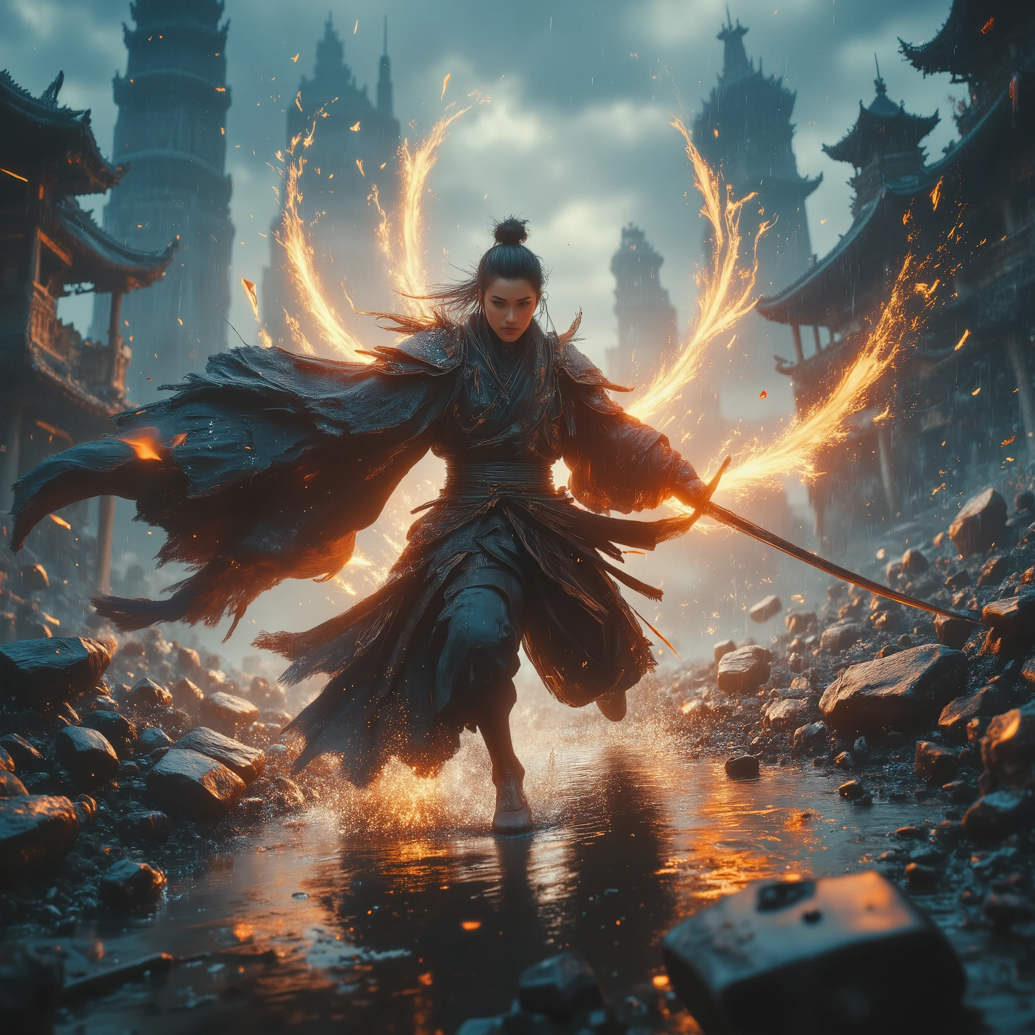 Epic Chinese martial arts scene, dynamic bullet time dodge effect, 
a stoic swordsman in tattered hanfu leaping mid-air, 
multiple glowing flying swords piercing through fabric fragments, 
slow-motion energy ripples around body, 
ancient battlefield with shattered stone pillars in rainstorm, 
cultivator casting spells in distant thunderclouds, 
cinematic lighting with golden hour glow, 
ultra-detailed fabric texture and water droplets, 
wuxia ink painting style mixed with cyberpunk neon accents, 
depth of field focusing on swordsman's determined expression, 
dramatic perspective distortion enhancing movement