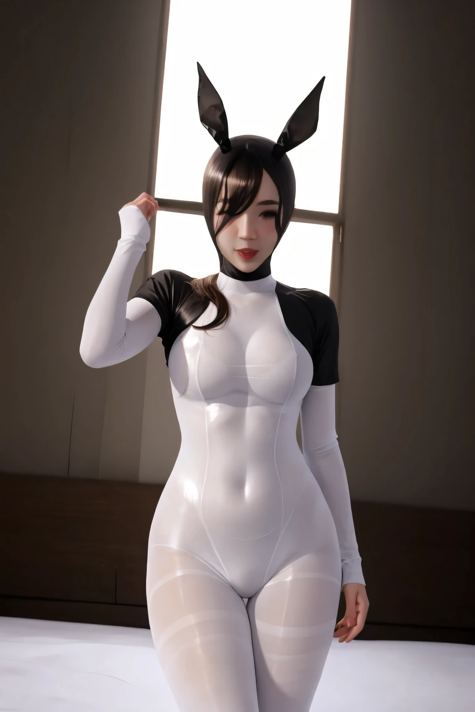 Shiny pantyhose face:4.0, shiny nylonface:4.0, pantyhose head:1.0, white pantyhose:4.0, Bodystocking:4.0, pantyhose body, pantyhose hands:4.0, high quality lighting