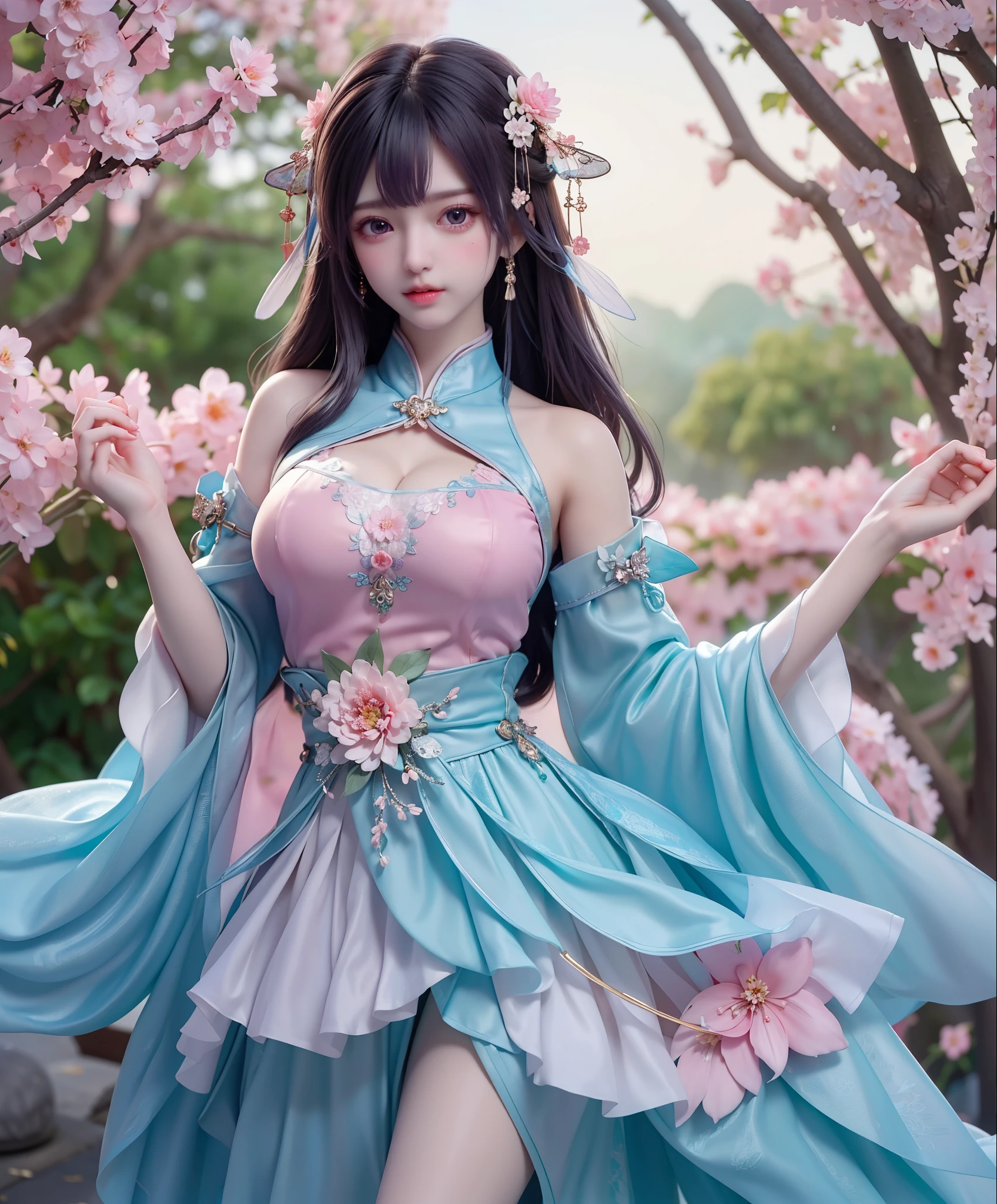(8k, RAW photo:1.2), best quality, ultra high res,dramatic angle,(fluttered detailed color splashs), (illustration),(((1 girl))),(long hair),(rain:0.9), (Headdress:1.4),There is an ancient palace beside the girl,Hanfu,(Key Points),Color ink painting,(Splash of Color),Splash of Color,(((colorful))),(sketch:0.8) , Masterpiece, best quality, beautiful painted, highly detailed,(denoising:0.6),[splash ink],((ink refraction)), (beautiful detailed sky),moon,highly,detaild,(masterpiece, best quality, extremely detailed） CG Unity 8k Wallpaper，masterpiece，best quality，Ultra Detailed），（Lycoris）. hanfu open v open V-chested clothes Thin silk lace dress , (huge ，cleavage),, white pink and gren，best qualtiy，tmasterpiece，Ultra-high resolution，（Reality：1.4），RAW photogr，（True skin texture：1.3），（filmgrain：1.3），（Selfie angle），1个Giant Breast Girl( huge, cleagve)，Beautiful eye and face details，tmasterpiece，Best quality at best，，The chest more exposed， detailed hair, bra purple and green , detail 8k, upper body, ignette transparent fabric flower, purple and blue pink white,