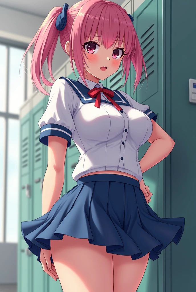 ((masterpiece、Highest quality、Super detailed)、((One girl))、((Pink Hair))、((Twin tails))、((Light blue eyes))、evil smile、((lots of piercings))、((Very large breasts))、((serafuku))、((Navy blue pleated skirt))、((micro miniskirt))、curvy、((wide hips))、Cowboy Shot、Pretend、Assをむける、((Ass))、Turn from behind、Shoot from below、Classroom Background