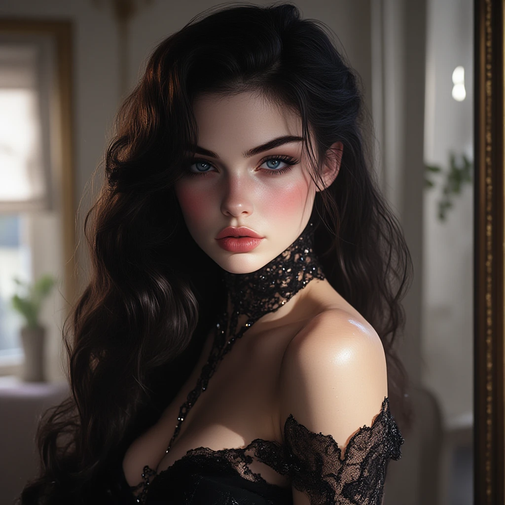 (((Qualidade 8k))), ((channel cabelo)), (((((metade esquerda do cabelo preto))))), (((((metade direita do cabelo branco))))), (((goth outfit))), ((Saia Preta)), ((redes de pesca pretas)), (((tampo preto))), (((um monte de correntes))), (Batom vermelho), (delineador preto), (Rosto hiper detalhado), (Close-up), (woman)