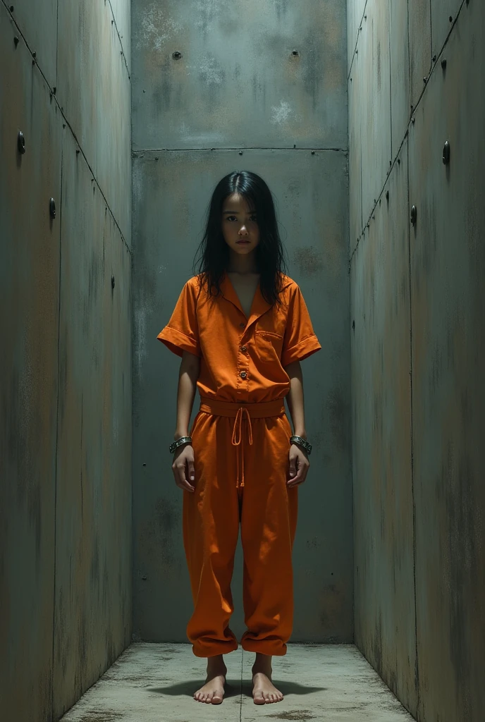 "A beautiful asian girl with big breast and long, straight black hair is wearing a brow, long-sleeved prison uniform with matching pants. She is in a women’s prison, kneeling in a dimly lit prison corridor. Her hands are cuffed in front of her, and she is wearing plain rubber slippers on her feet. The corridor is narrow, with gray concrete walls and metal-barred cell doors lining the sides.
