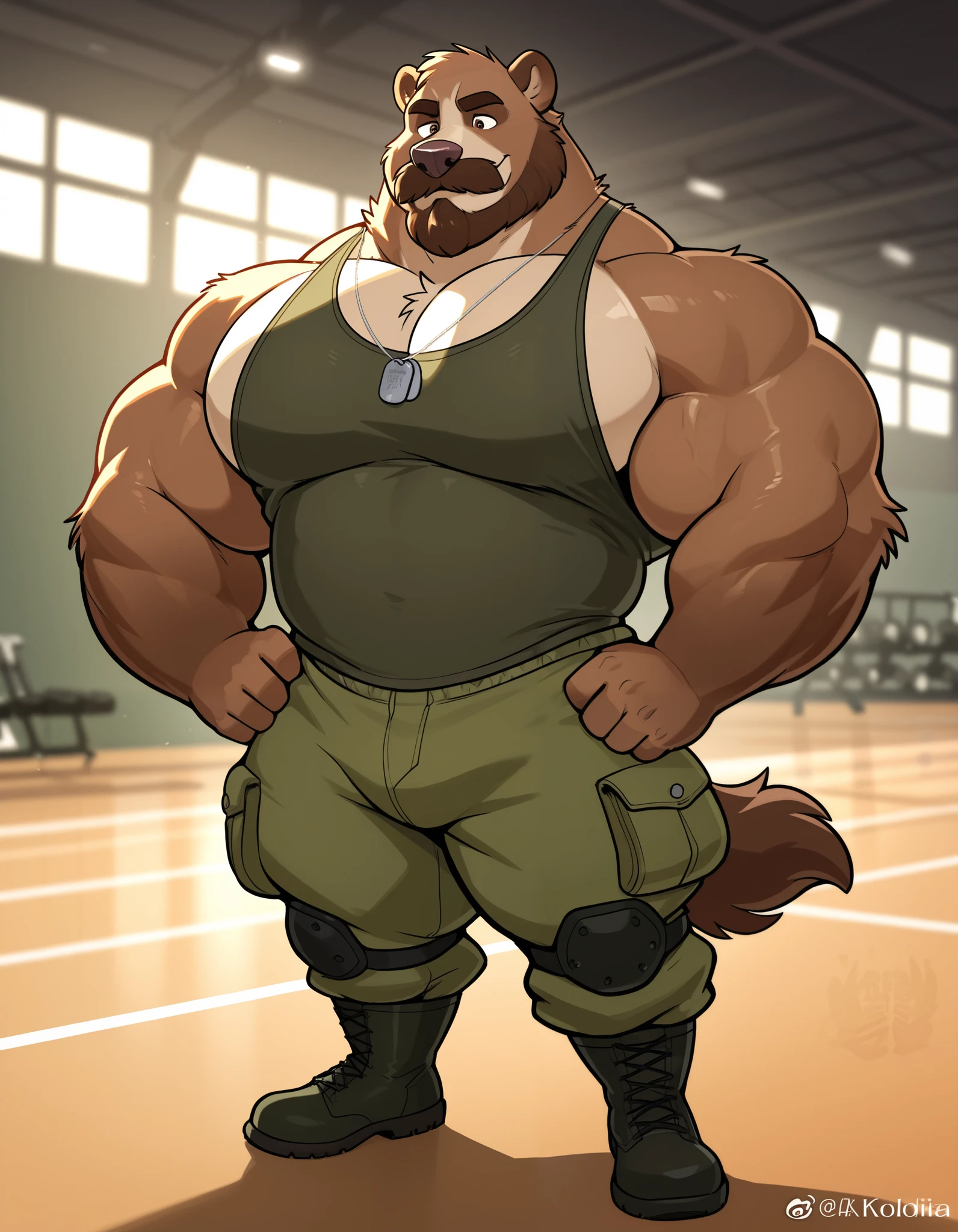 bara kodiak brown bear, strong physique, perfect anatomy, masterpiece, brown mustache and beard, wrinkles, huge brown fur, solo, great lighting, black huge muscular, green army pants, boots, tank top, dog tag, military academy, gym set, training, hyper muscular, height: 220cm, weight: 440lbs, thick arms, huge pectoral. Walt Disney 2D Zootopia Animation Art Style.