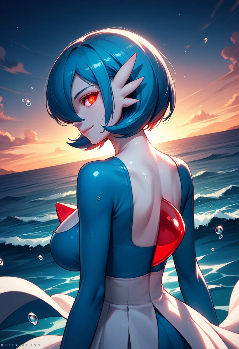SeaArt, best_quality, 1 girl, solo, gardevoir, creatures \(company\), freak game, Nintendo, pokemon, pokemon \(game\), bangs, colored skin, female focus, Pokemon Gen 3, blue hair, blue skin, hair over one eye, multicolored skin, pokemon \(creature\), orange eyes, short hair, two-color skin, white skin, large breast, playboy bunny, black leotard, smile.