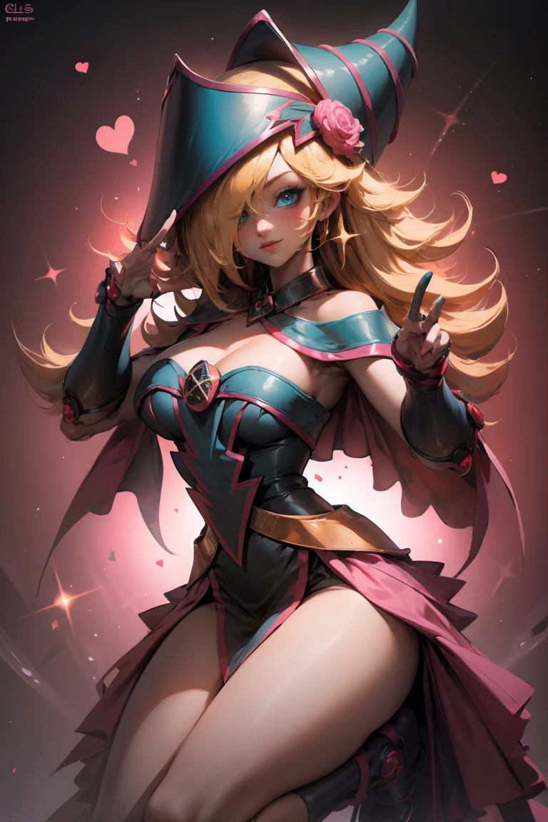 (Highest quality、High resolution、8k、masterpiece:1.2)。Black Magician Girl、Curvy but slim、Blonde、magic circle、Wink、Bursting Heart、Cute anime face、smile、Showing teeth、Pink blush on cheeks、Noise Reduction、Holding a walking stick。The magic of a heart symbol shining from your index finger。Back view、turn around、Full body portrait、Levitation、A lively pose。背後に大きなピンクの輝くmagic circle。Red Eyes Black Dragon。