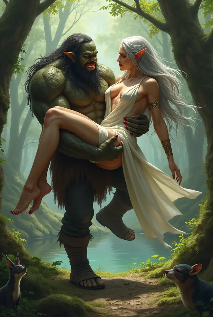 White-skinned, white-haired elf woman has sex with a big, muscular ogre