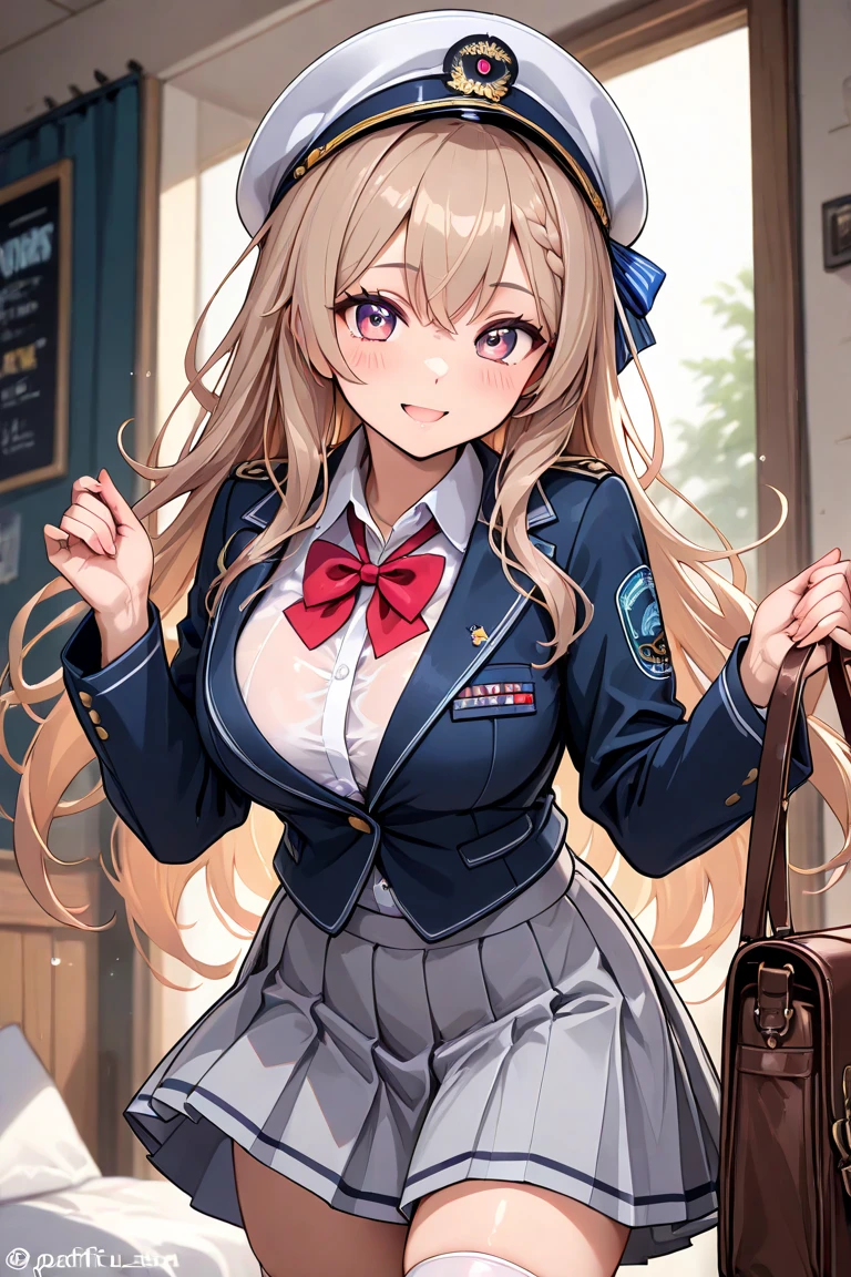 1girl, petite , big breast , gradient eyes, pale hazel hair, medium hair , single hair bun, drill hair , asymmetrical bangs, hair flaps , Smiling, embarrassed , head_tilt standing , from above, school uniform , navy long sleeve, sweater , fishnet tights, school bag, extremely quality extremely detailed, illustration, contrapposto, cute anime face cinematic lighting cinematic angle