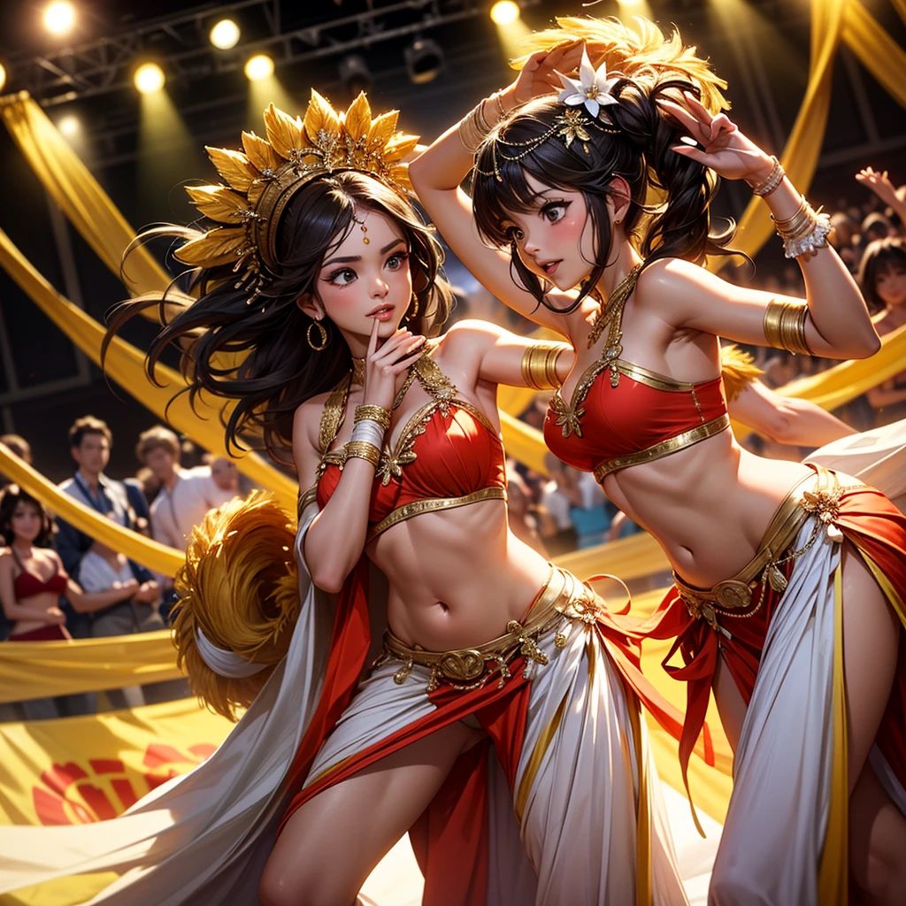 (best quality,4k,highres:1.2),ultra-detailed,realistic:1.37,A group of naive white women,traditional Polynesian dance,traditional costume,vivid colors,studio lighting,exotic environment,happy and energetic,motion blur,beautiful detailed eyes,beautiful detailed lips,longeyelashes,tropical flowers in their hair,bright and colorful skirts,graceful movements,cultural exchange,enthusiastic crowd,blending of cultures,joyful expressions,music and laughter,sunset by the beach,intricate hand gestures,swaying hips,sparkling ocean in the background