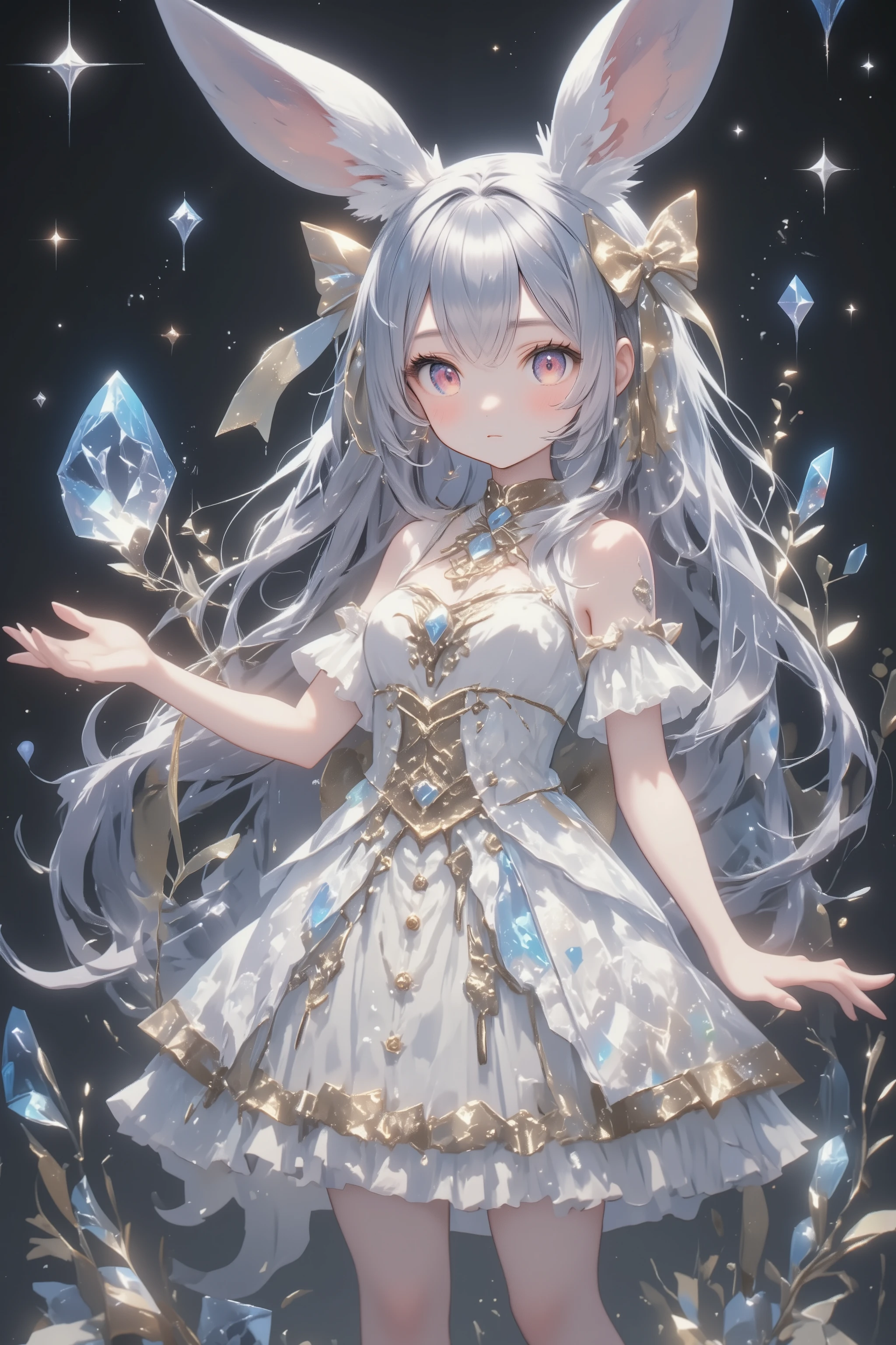 ( masterpiece, top quality:1.2), little cute rabbit girl , girl\(( Big ribbons on the ears , cute ribbon、Gold ribbon ),Rabbit Tail , rabbit ears, Very Fluffy Ears 、White Ear、 very long hair,Gray Hair,Warm deep red eyes , Sparkling Eyes, I closed my mouth , white gothic dress with gold accents), She's in glass country。Hologram World、gem💎