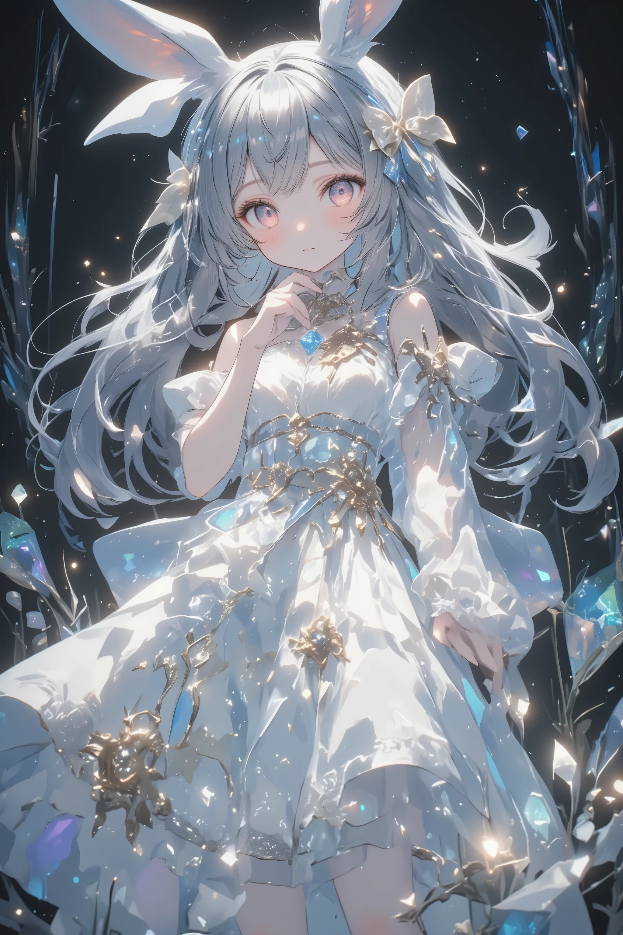 ( masterpiece, top quality:1.2), little cute rabbit girl , girl\(( Big ribbons on the ears ,  cute ribbon、Gold ribbon ),Rabbit Tail , rabbit ears, Very Fluffy Ears 、White Ear、 very long hair,Gray Hair,Warm deep red eyes  ,  Sparkling Eyes,  I closed my mouth , white gothic dress with gold accents), She's in glass country。Hologram World、gem💎