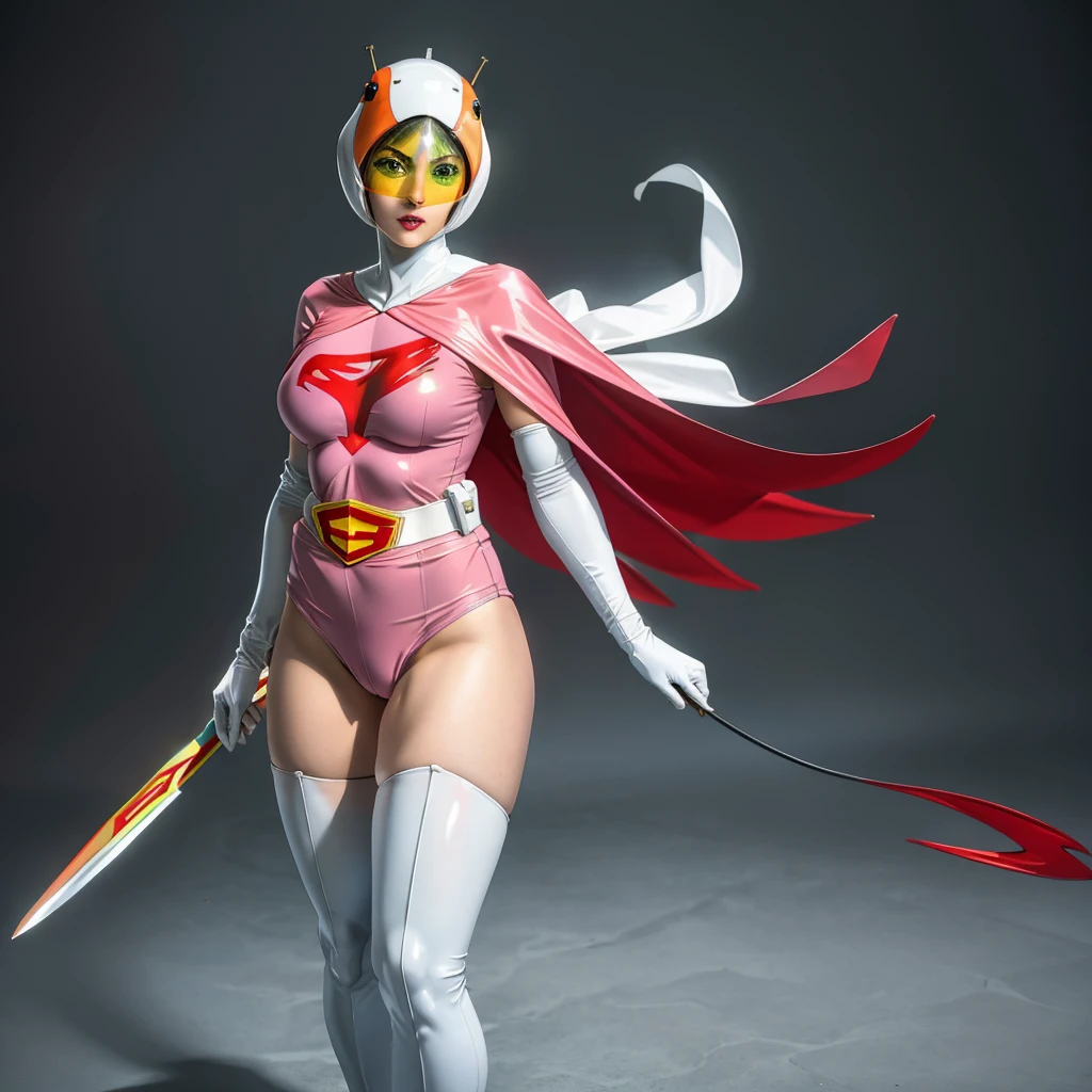 ANI_CLASSIC_jun_gatchaman_ownwaifu,1girl, 18yo,good anatomy, masterpiece, best quality,realistic, hyperrealistic, 16k hdr,
long hair,breasts,green eyes,lips,large breasts,lipstick,makeup,gloves,cape,helmet,belt,elbow gloves,white gloves,mask,ultra miniskirt,leotard,spacesuit,white legwear,pink dress,superhero,bodysuit,cleavage,erected nipples,cameltoe,(sweat:1.2),roof of the building,blue sky,strong wind,(from below),((torn costume:1.2)),(red blush,angry),thong,(spread legs,sitting,weakly kneeing:1.4),(bdsm,whip marks,spanking,whip marks on breasts:1.5),upper body,(hands behind back:1.3)