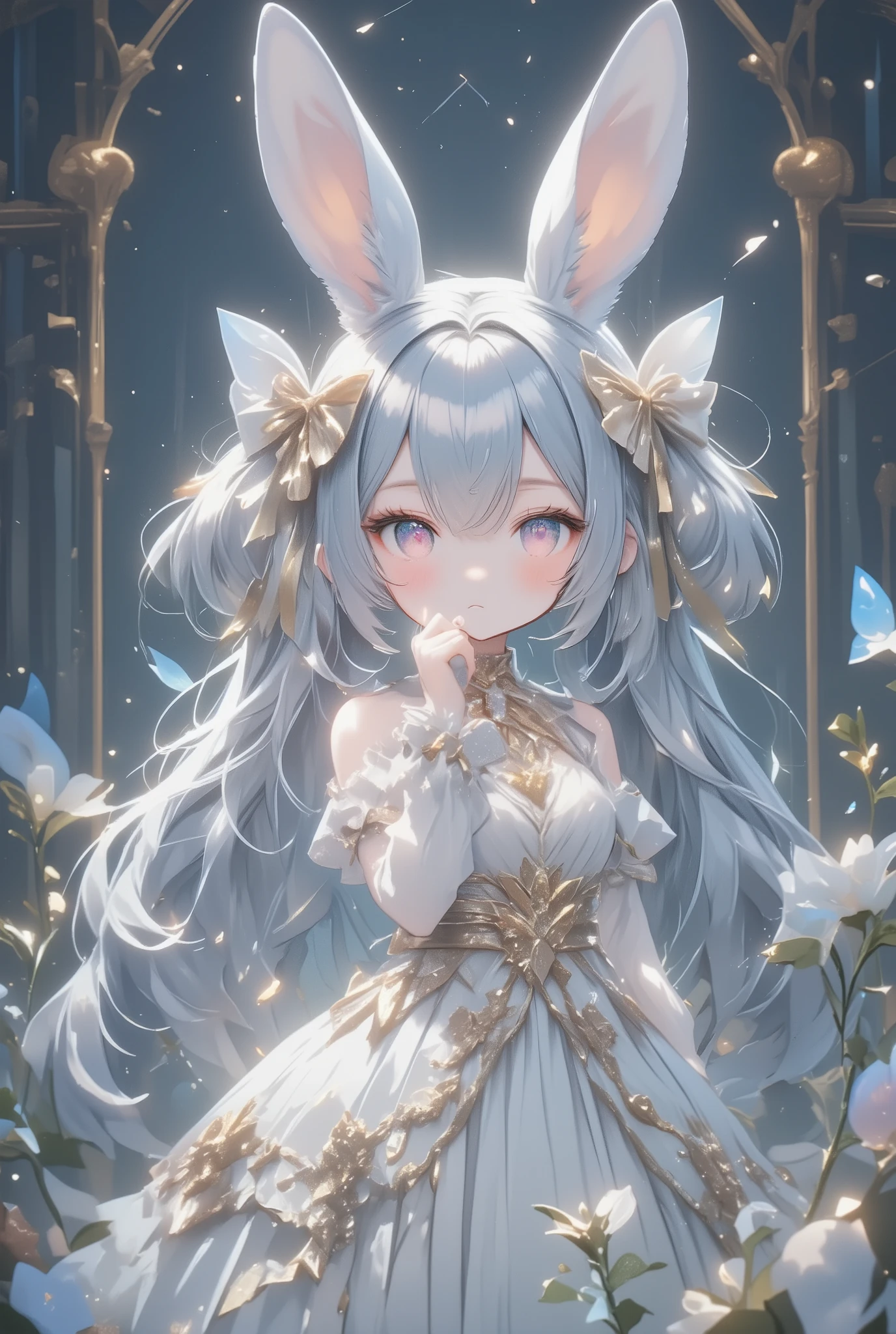 ( masterpiece, top quality:1.2), little cute rabbit girl , girl\(( Big ribbons on the ears , cute ribbon、Gold ribbon ),Rabbit Tail , rabbit ears, Very Fluffy Ears 、White Ear、 very long hair,Gray Hair,Warm deep red eyes , Sparkling Eyes, I closed my mouth , White Gothic Dress With Gold Embellishments), She's In Glass Country。Hologram World、gem💎