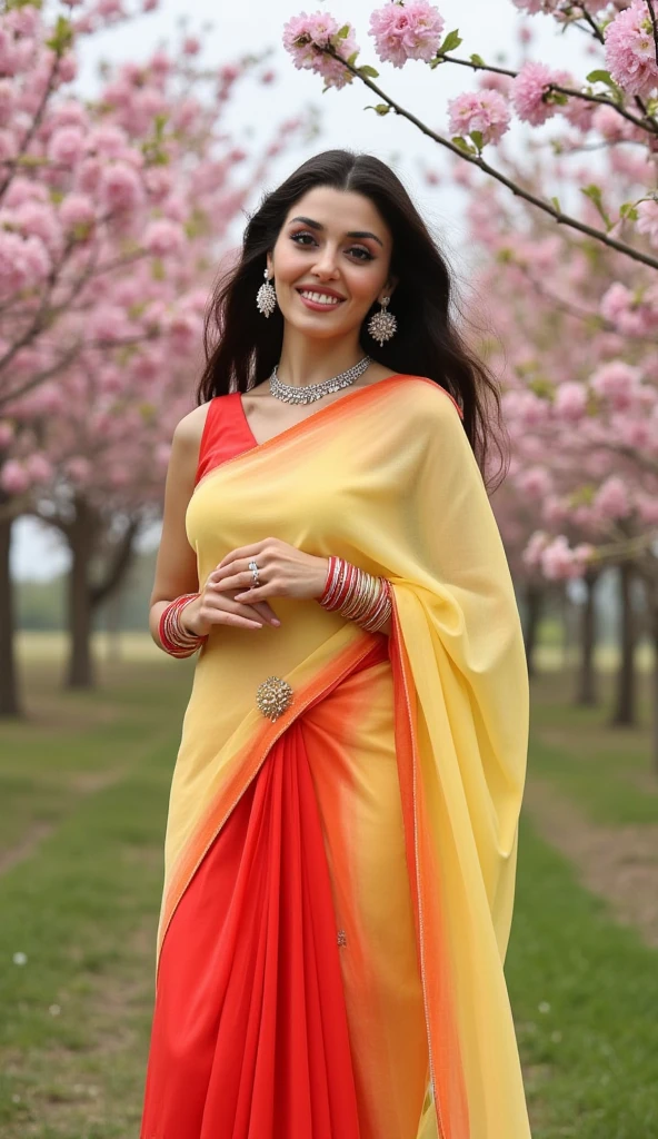 indian women, aged 25, white skin, long black hair, red churidar, full sleeves, yellow dupatta, dupatta on left shoulder, dupatta draped, rolex watch on left hand, red gloves on both hands, red leggings, standing, full image