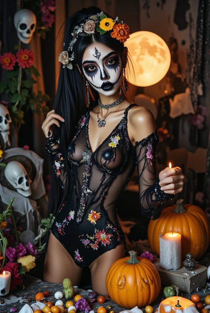Create a hyper detailed photograph of a jack Skellington tattoos young stunning gorgeous sexy sally Skellington, Stunningly perfect gorgeous face, perfect makeup, detailed vibrant eyes, long black hair,detailed perfect beautiful legs, detailed perfect beautiful arms, realistic torso, detailed pale silky smooth skin, detaile perky breast, perfect round ass, transparent strappy lace lingerie, back to viewer looking forward,