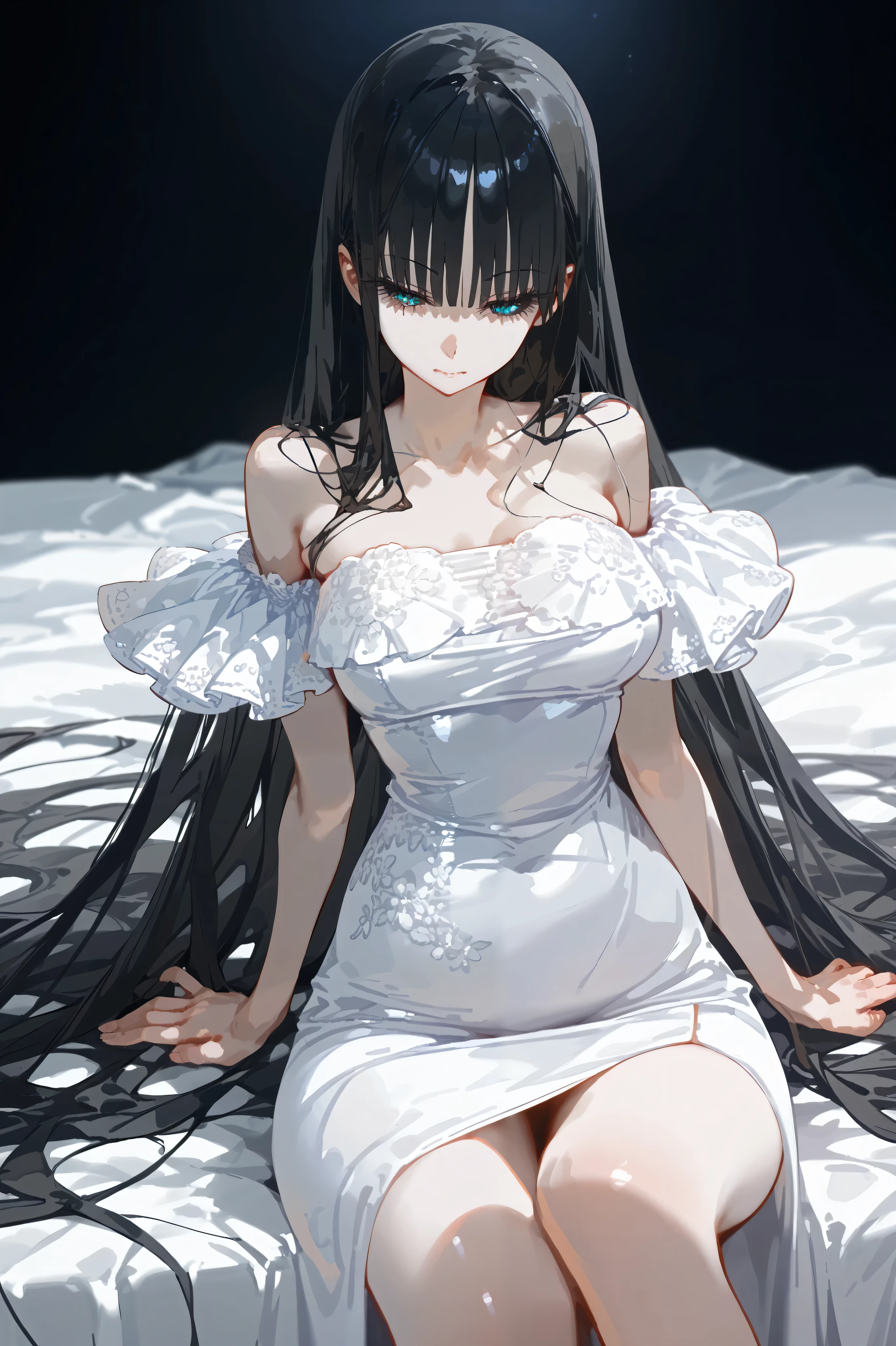 (masterpiece, best quality), 1girl, sitting on bed, legs slightly apart, one hand resting on thigh, the other brushing through hair, tilt head, looking at viewer, half-closed eyes, (Detailed eyes), (black hair, long hair, wavy strands), calm yet confident expression, slight smirk, mature beauty, (elegant white dress, deep neckline, form-fitting, soft and silky fabric, off-shoulder top, delicate folds), dim warm lighting, cozy bedroom setting, soft glow on skin, slightly rumpled bedsheets, relaxed atmosphere. dark room