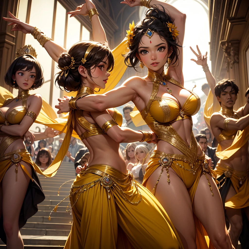 A group of 1920s flapper girls with large breast dressed in clothes of the era in a speak easy dancing, 8k, hdr, high quality, masterpiece, perfect face, highly detailed, photorealistic