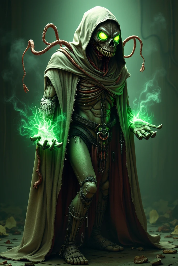 create the god of death, a skeletal creature with a black and gold cloak along with green flames around it, he only has 1 goat horn and a wide, scary smile, His eyes are sunken and he holds a magic wand in his hands