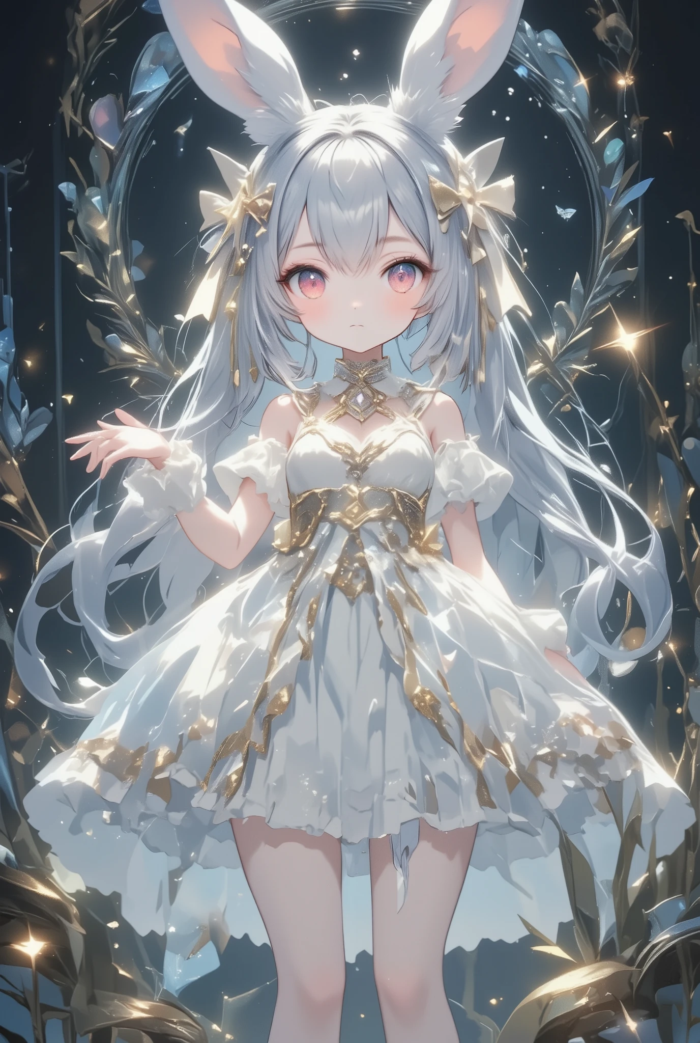 ( masterpiece, top quality:1.2), little cute rabbit girl , girl\(( Big ribbons on the ears , cute ribbon、Gold ribbon ),Rabbit Tail , rabbit ears, Very Fluffy Ears 、White Ear、 very long hair,Gray Hair,Warm deep red eyes , Sparkling Eyes, I closed my mouth , White Gothic Dress With Gold Embellishments), She's In Glass Country。Hologram World、gem💎