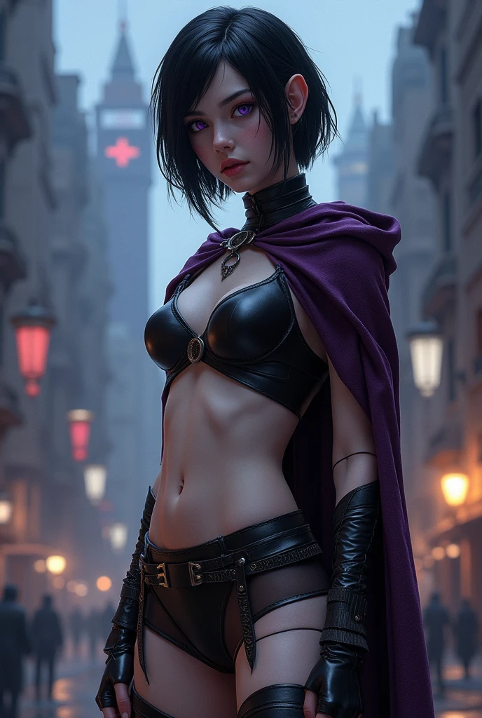 A beautiful female rogue, short black hair, D&D aesthetic, naked, cloak, high detail face, high detail skin, 8, HDR, high resolution, photo-realistic, cinematic lighting, depth of field, bokeh, rim lighting, backlit, cool colours, night