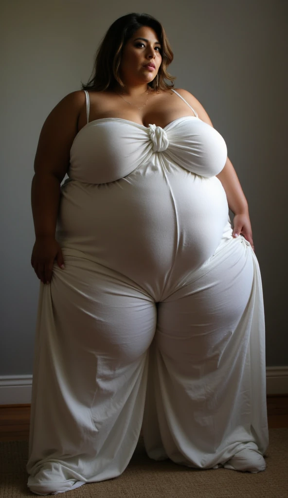 ((best quality)), ((masterpiece)), (detailed), perfect face, araffe woman in a polite gamis walking in dark room, thicc, she has a jiggly fat round belly, bbwchan, wearing gamis formal, skinny waist and thick hips, widest hips, her belly is fat and round, soft curvy shape, hyperrealistic full figure, wearing a formal gamis , wide hips, cropped shoulders，Bare belly,(big assa:0.6),,, thicc, beautiful thick female, beautiful curvy female,, Tall and tall，clear curvy details, curvy hourglass figure, alluring plus sized model, bbwchan, Voluptious body, Curvy model, Curvy body, Be red in the face, 1girll, a matural female, A MILF, the golden ratio,(Kpop idol),(Oil skin:0.72), (Oil skin:1.1), iremuzi tattoos on thighs, big tattoo on thighs, japanese goddess , korean Goddess , milky white skin, wearing longest clothes, wearing sneakers , wavy short hair , brown hair, wearing pants , polite clothes 