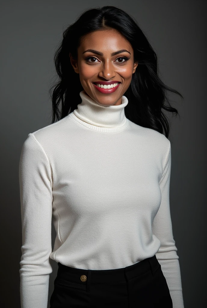 A professional full body portrait photo of shinisomara, a gorgeous exotic woman. She is smiling, showing her teeth. She is wearing a white knit turtleneck sweater and long black cotton thin fabric tight skirt. The background is blurry and shows a dark gray professional photo studio canvas.