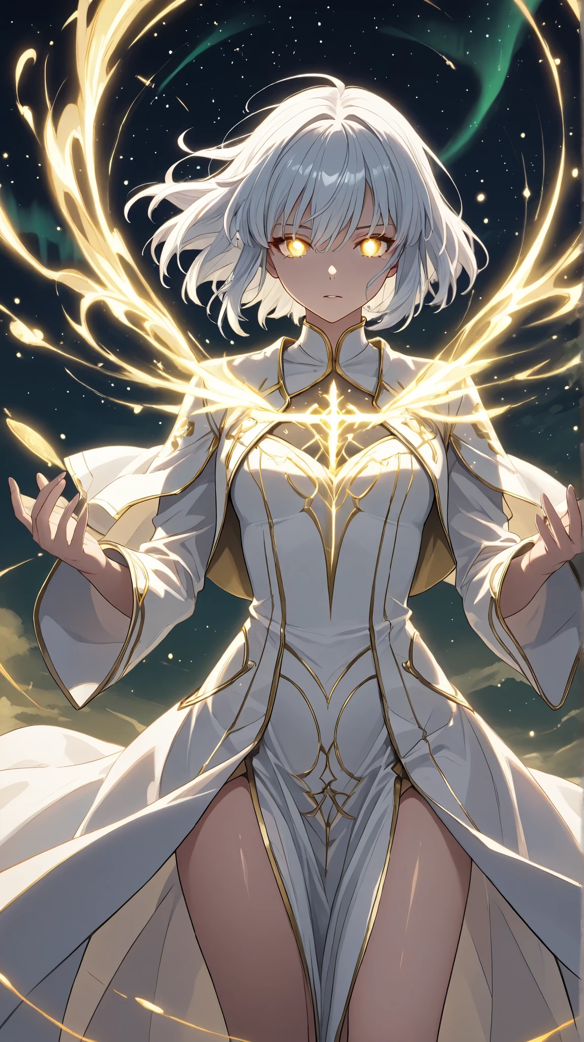 ((masterpiece,)) ((high quality,)), best quality, untreated, ultra detailed view, higher, 8k, A scene in cell-shaded anime style featuring Grimm=Vernheit, a mysterious androgynous homunculus. Grimm has long, glass-like white hair, an eerily perfect face, and aurora-colored glowing eyes that faintly display symbols and numbers. Dressed in a sleek, black-and-white coat-like uniform with magical patterns subtly inscribed, they sit quietly in a dimly lit library filled with floating research notes. The air shimmers around them as if reality itself adjusts to their presence. They absentmindedly flip through an ancient book, while faint glowing symbols hover near their fingertips. The atmosphere is mysterious, evoking a sense of an observer detached from time., bioluminescent dress, Light magic., A glowing cross symbol on the center of the chest ,Black Grimoire , Shiny, radiant skin , , standing, Attack posture , 3D view