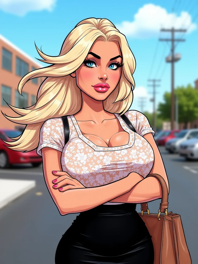 Amazing cowboy shot of a sexy woman wearing her black braided hair, seductively gazing and smiling, soft lips, blushing intensely, white tank top, denim shorts , medium chest, perfect body, at mall, Nicole Kidman