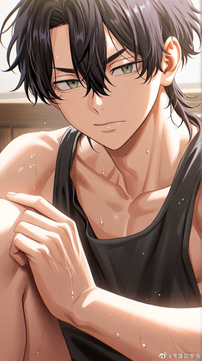 shirtless handsome manly short black hair caucasian male in tattered jeans and sneakers, shirtless, sweating profusely, drenched with sweat, exhausted, panting, inside the crowded bus
