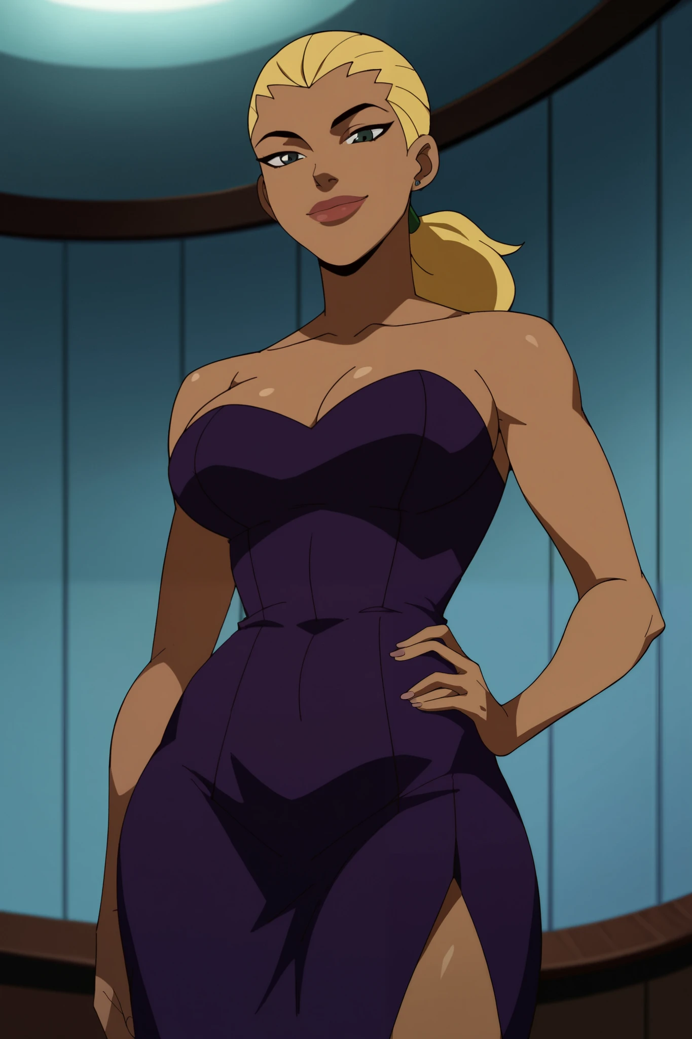 score_9, score_8_up, score_7_up, source_cartoon,artemis, blonde hair, ponytail, big lips, dark skin, large breasts, purple strapless dress,  BREAK standing, smile, closed mouth, sultry expression, looking at viewer, solo, front view, face focus, indoors, ballroom, best quality, high quality, hand on hip, seductive pose, bedroom eyes 