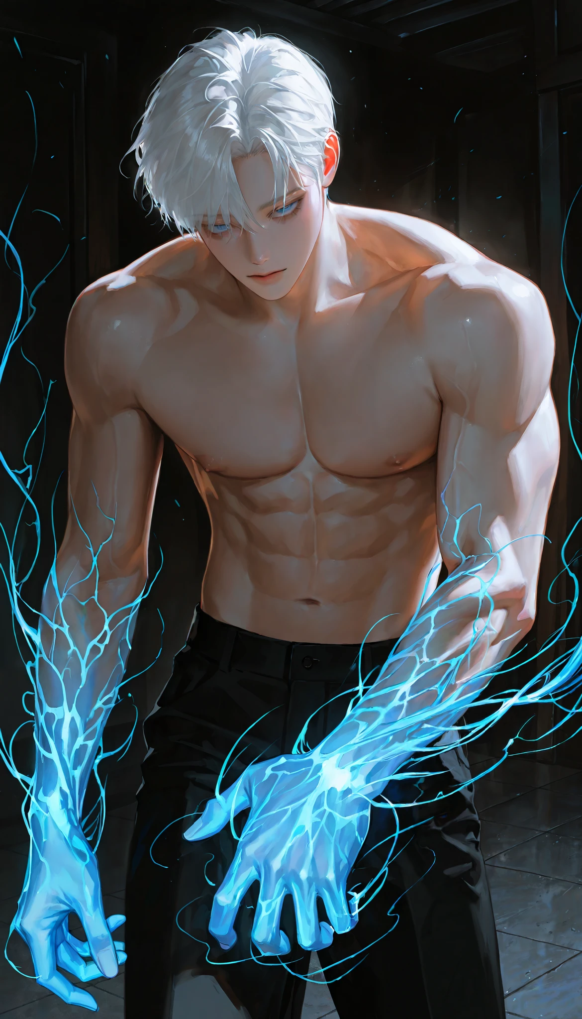Far view,High quality, ultra realistic,absurdres, highres, ultra detailed, HDR, masterpiece, extremely detailed face and eyes, a cool topless fighter, cool pose, dragon on back, cool tatto on chest , ,, cool white hair , solo, ,man, handsome, ,white eyeleshes, blue eyes ,explosive effect , ,black lightning effect,glowing glitters , symetrical