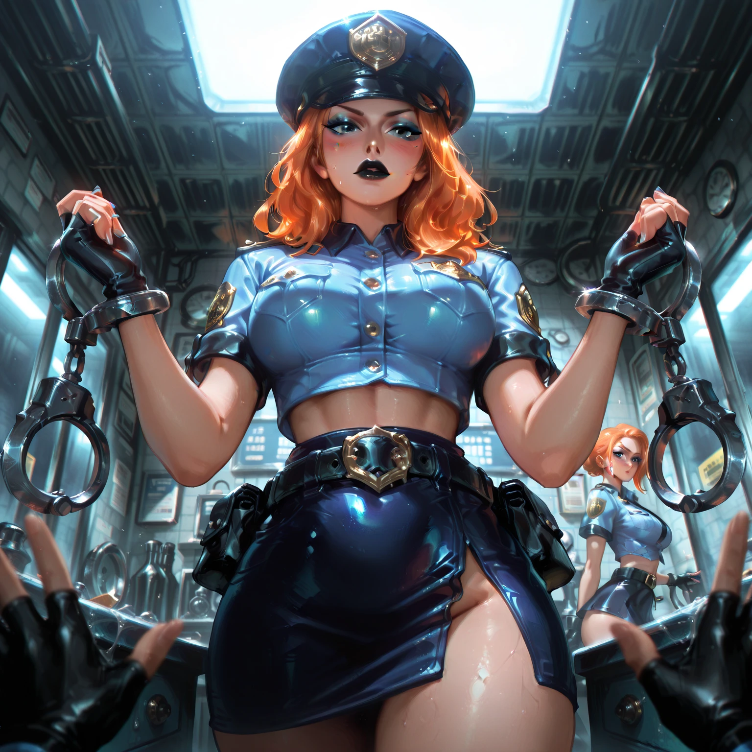 WOMAn, realization, (headphones), (high fork tights police uniform), (police logo), (pantyhose fishnet stockings), policewoman, (lips slightly open), chuckles), (shiny skin: 1.1), blush, (looking at the audience), standing, (full body), Obra-prima, highest quality, high resolution, absurd, blurred background, berets, berets, photorealistic real, perspective, modern, depth of field, uhd, masterpiece, high detail, anatomically correct