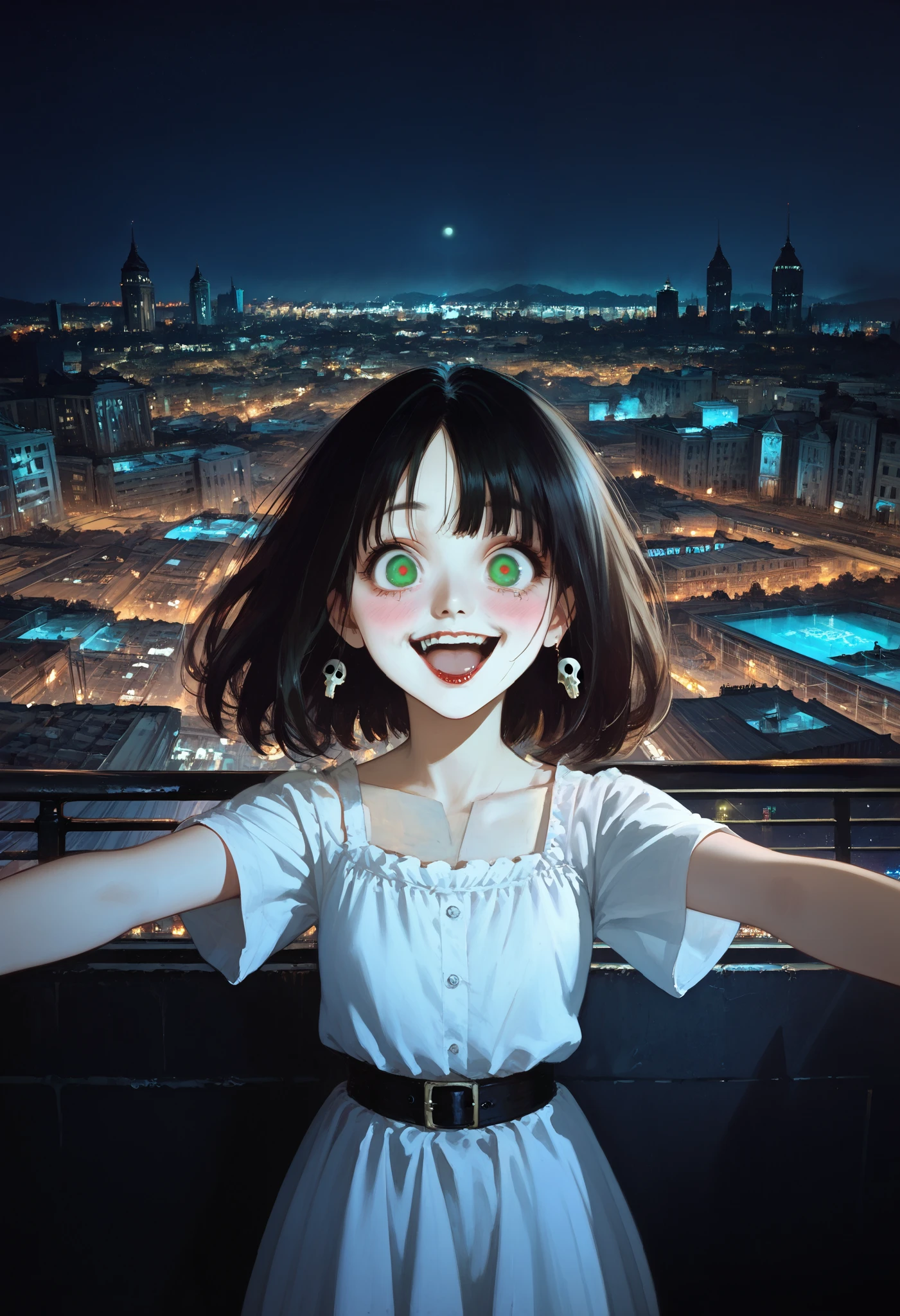 (1 girl) gran calidad ++ Extremely detailed high resolusionolution, very aesthetic, ojos expresivos, (Cara perfecta) (asymmetrical face) ((good anatomy)), (manos perfectas) (8k), UHD, Fondo de pantalla HD,  high resolusion, Altamente detallado, (illustration), solo, looking at viewer, blush, smile, open mouth,, wide waist, surprised, (sundress with skulls), , green eyes, short sleeves, , asymmetrical bangs, eyelashes,  (city background), horrorStylez, (city alleyway at night background), (wide eyes, small pupils), (crazy emotions), (crazy pose) (dynamic angle:1