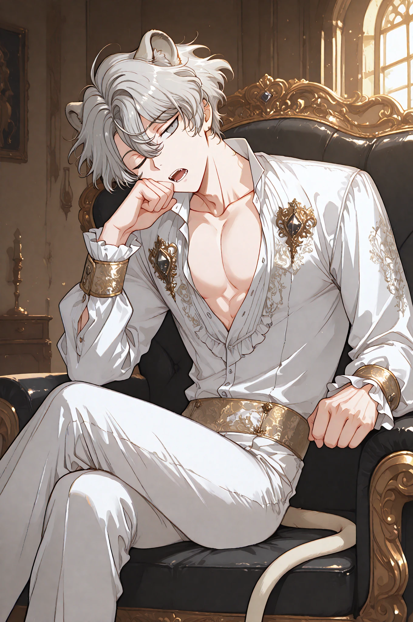 (Best Quality, Masterpiece), 1 boy sitting on an elegant throne, beautiful chinese. White hair, big eyes with red irises, very pale, You can see his torso with a king's suit.
