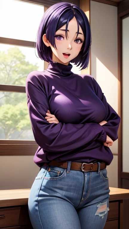 nakatsuki botan\(mononogatari\), 1girl, solo, looking at viewer, blue eyes, blue hair, short hair, short hair, hair ornament, hairclip, white sweater, tatami, fusuma