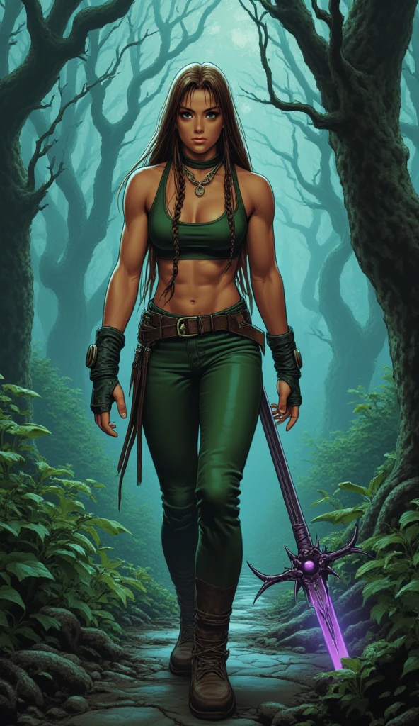 One girl, beautiful bbw girl, chubby girl, Barbarian Girl, basinet, whole body, naked girl, A big sword in his hand, beautiful skin, forest background, Russian forest background, girl standing in the swamp, purple fog, VHS interference, 70s style photo, sci-fi art style, Psychedelic colors, dark fantasy, Luis Royo style