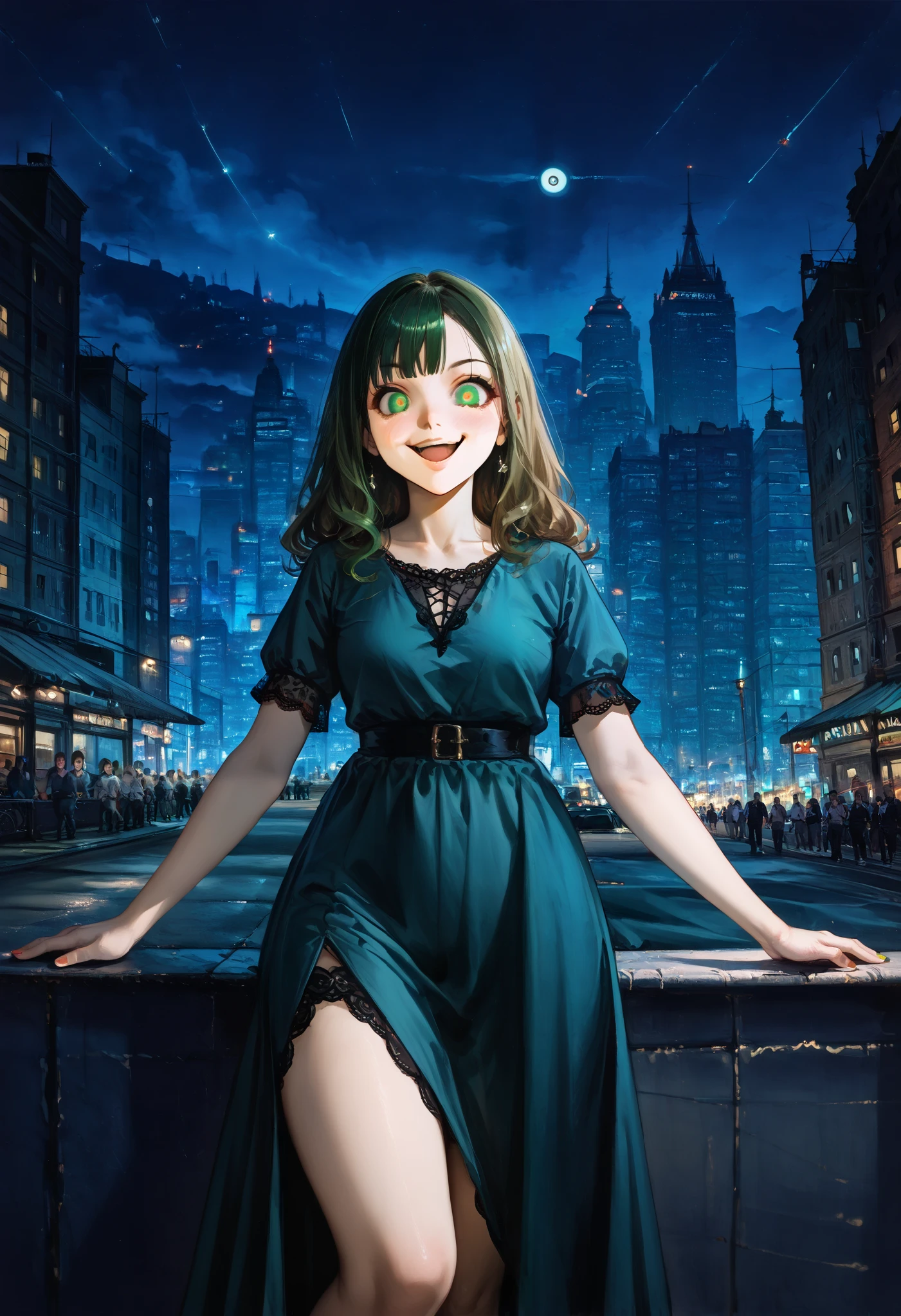 (1 girl) gran calidad ++ Extremely detailed high resolusionolution, very aesthetic, ojos expresivos, (Cara perfecta) (asymmetrical face:1.3) ((good anatomy)), (manos perfectas) (8k), UHD, Fondo de pantalla HD, high resolusion, Altamente detallado, (illustration), solo, looking at viewer, blush, smile, open mouth,, wide waist, surprised, (black ragged witch dress), (high leg dress), (lace up sides dress) , (skindentation:1, green eyes, short sleeves, , asymmetrical bangs, eyelashes, (city background), horrorStylez, (city alleyway at night background), (wide eyes, small pupils), (smug and flirtatious emotions), () (dynamic angle:1.3), (overstuffed body:1.3)