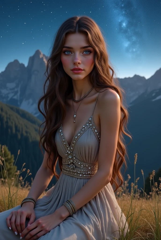 A high-resolution photograph of a 2 French woman with freckles. She has long brown hair in a loose updo and soft facial features. She is wearing a light, short sundress with a floral design and a plunging neckline. The dress has a boho-chic style. The background is a serene landscape with mountains, trees, and a body of water. The lighting is soft, with a warm hue. The overall image has a depth of field effect, with the subject in sharp focus and the background blurred. The photograph has a slight bokeh effect.